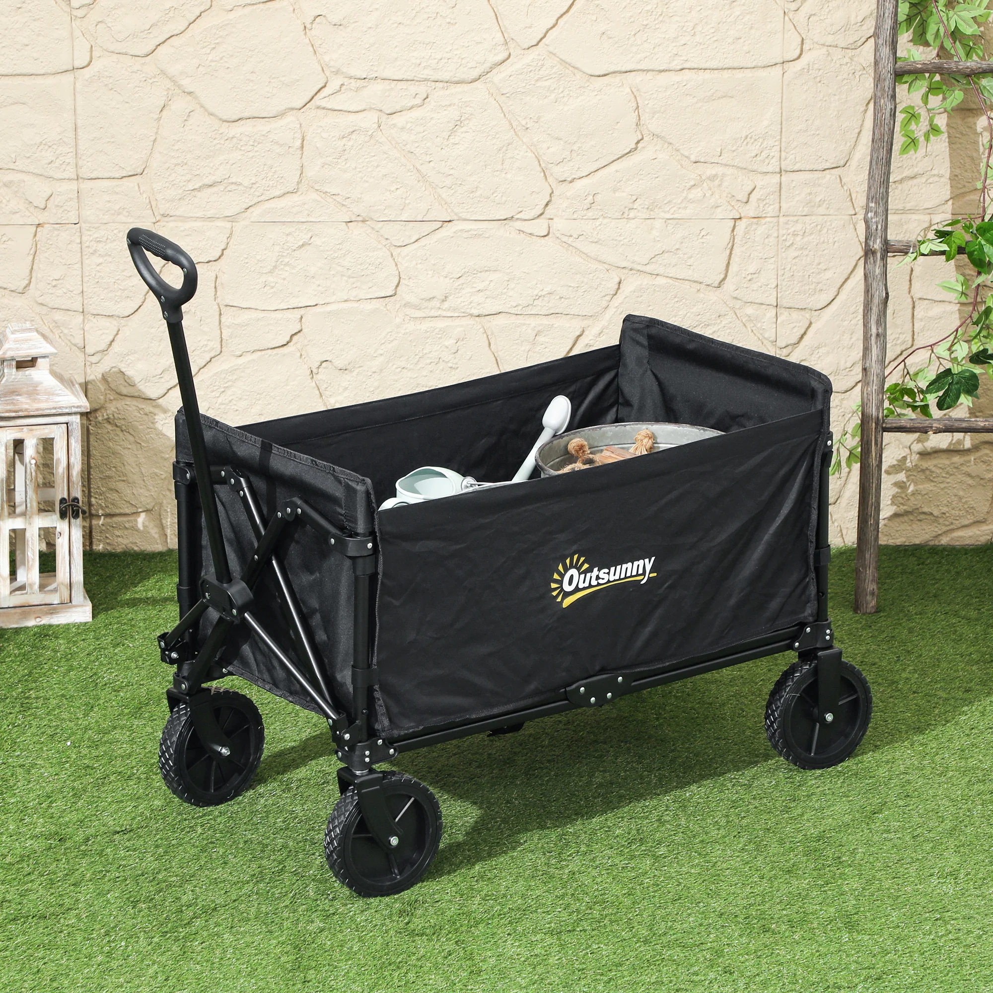Outsunny 120L Folding Collapsible Wagon With Adjustable Handle, Grey - Image 2
