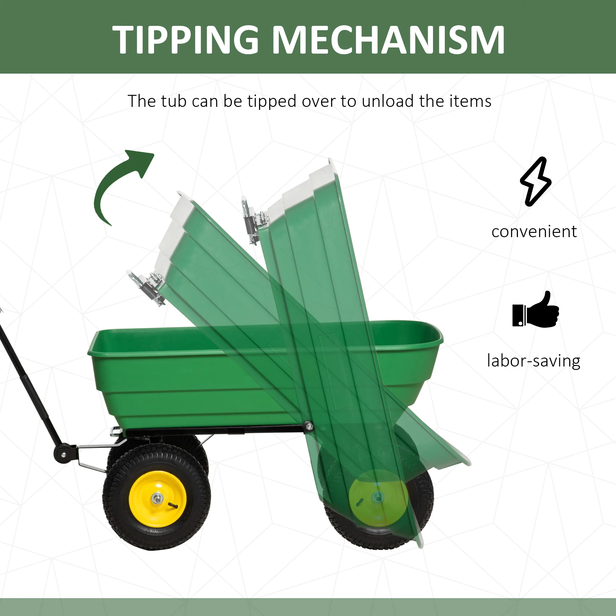 Outsunny 125 Litre Large Garden Cart Heavy Duty 4 Wheel Trolley Dump Wheelbarrow Tipping Truck Trailer - Green - Image 3