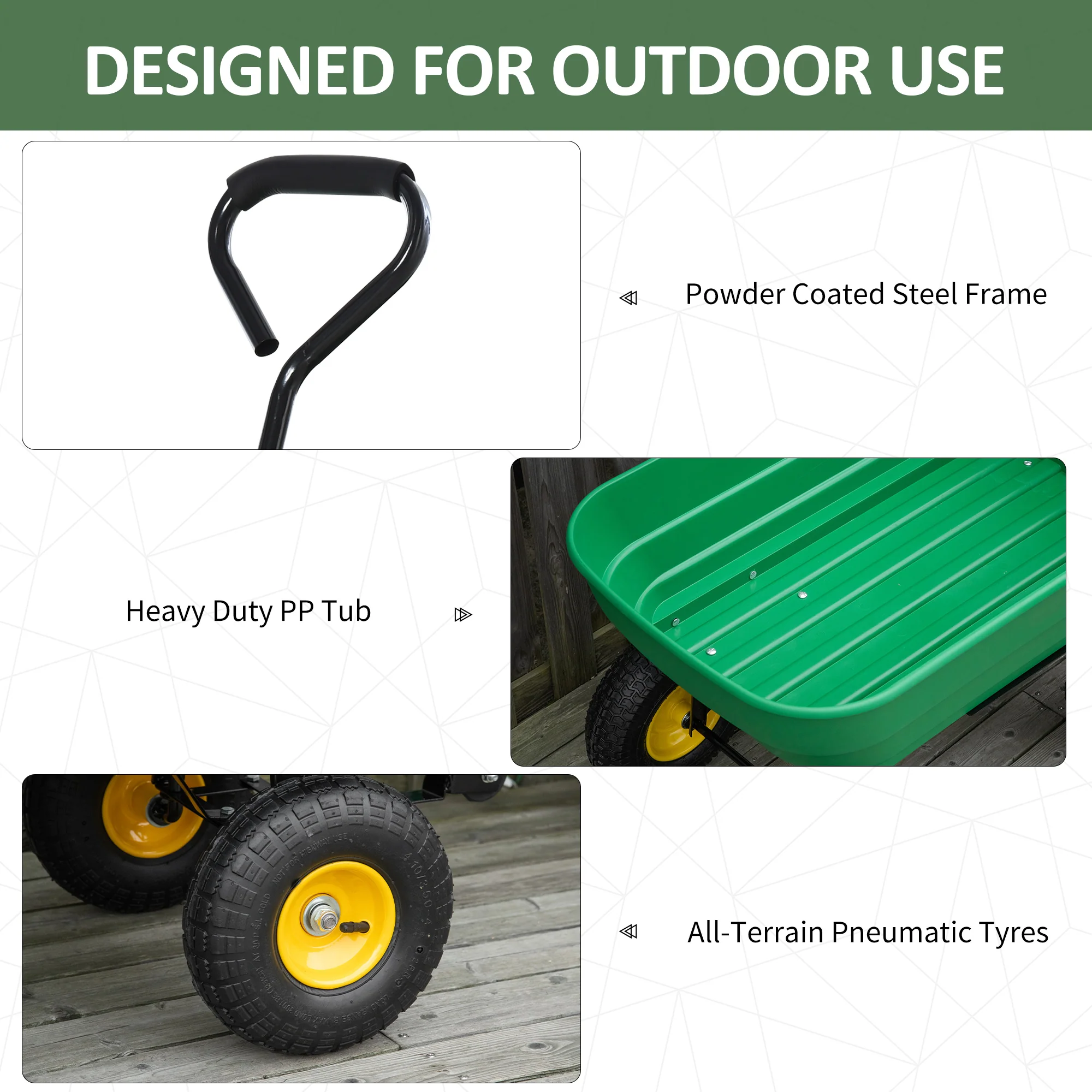 Outsunny 125 Litre Large Garden Cart Heavy Duty 4 Wheel Trolley Dump Wheelbarrow Tipping Truck Trailer - Green - Image 4