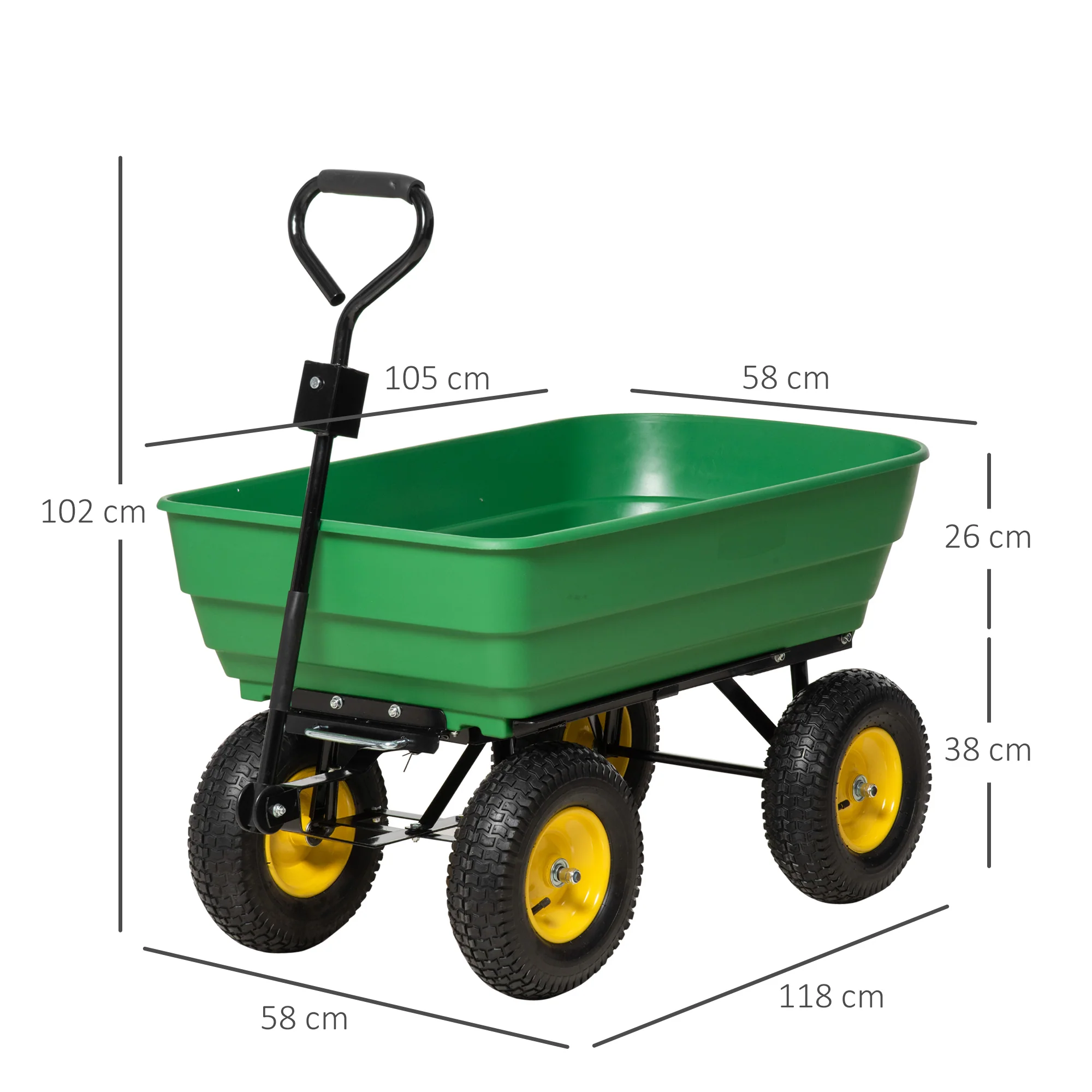 Outsunny 125 Litre Large Garden Cart Heavy Duty 4 Wheel Trolley Dump Wheelbarrow Tipping Truck Trailer - Green - Image 5