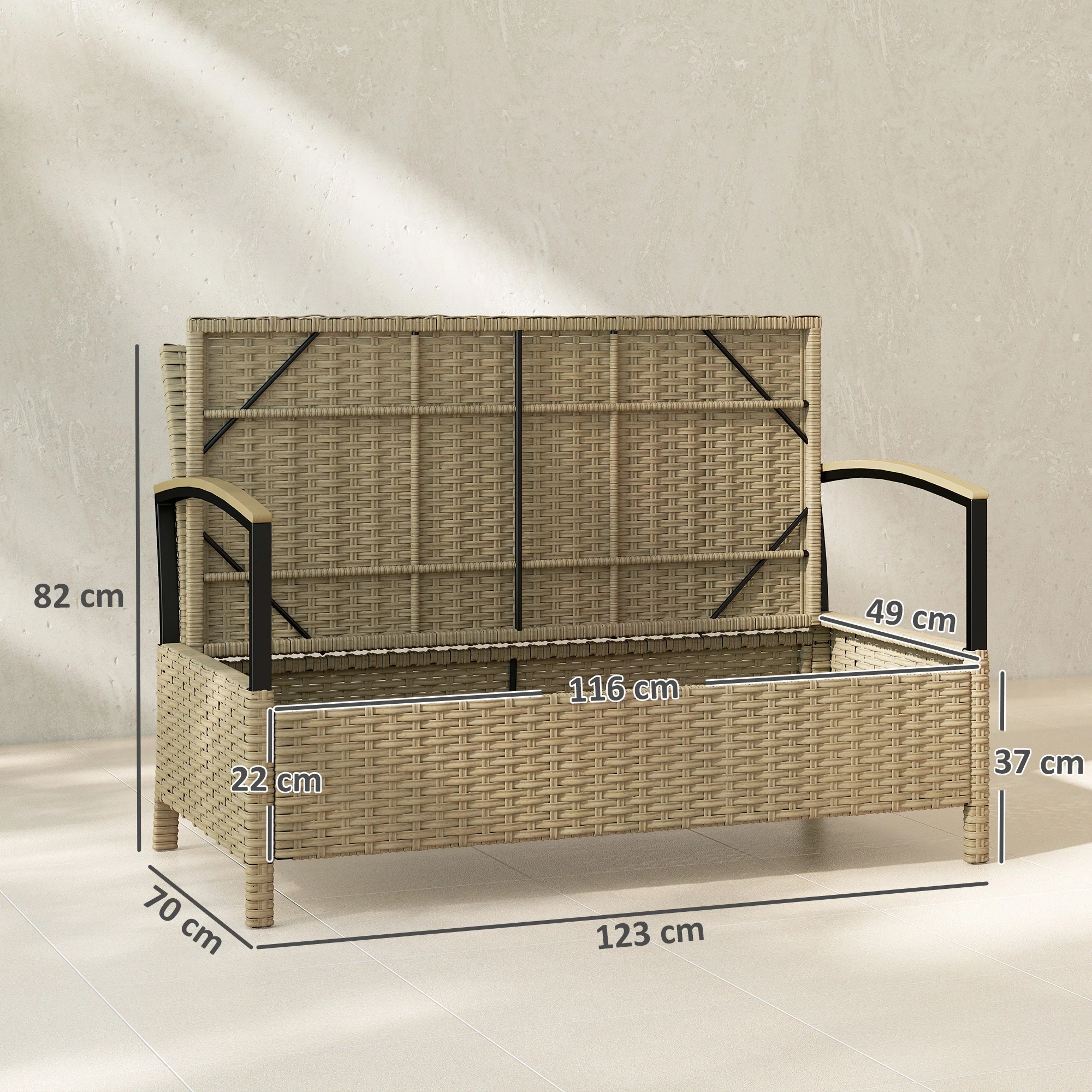 Outsunny 125L Garden Storage Bench, 2 Seater PE Rattan Outdoor Bench - Image 3