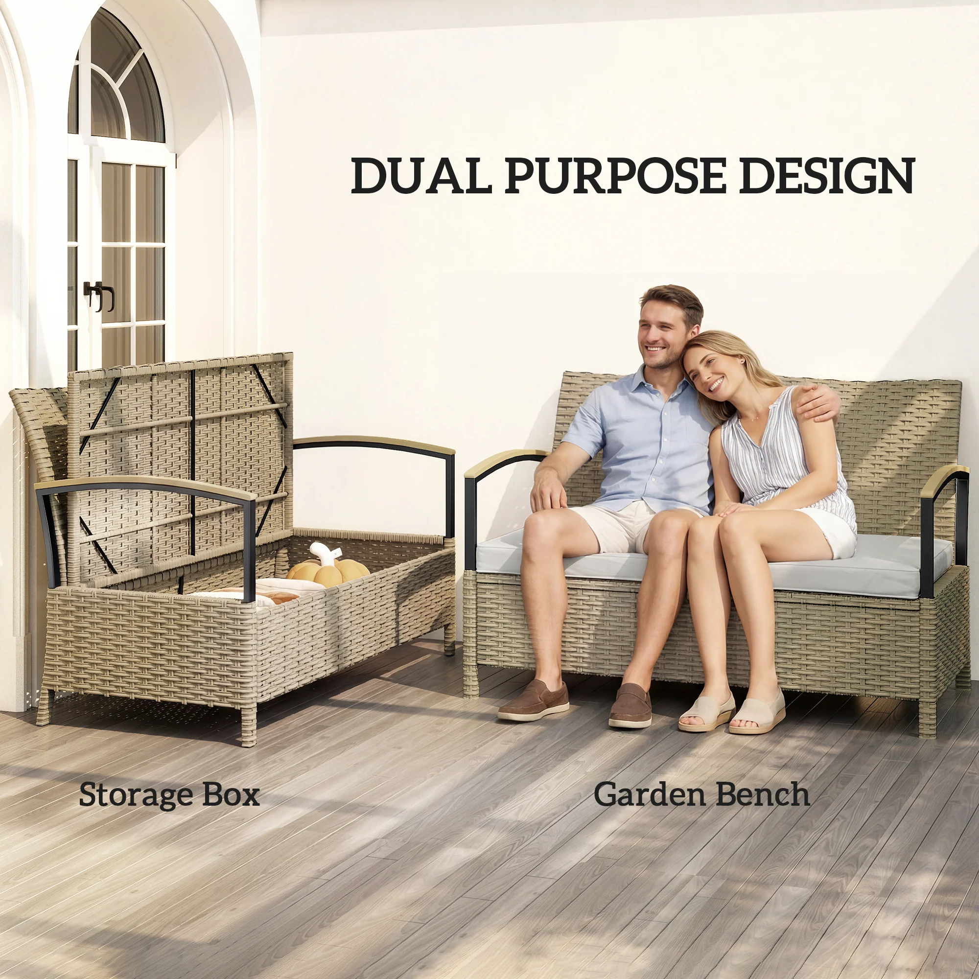 Outsunny 125L Garden Storage Bench, 2 Seater PE Rattan Outdoor Bench - Image 4