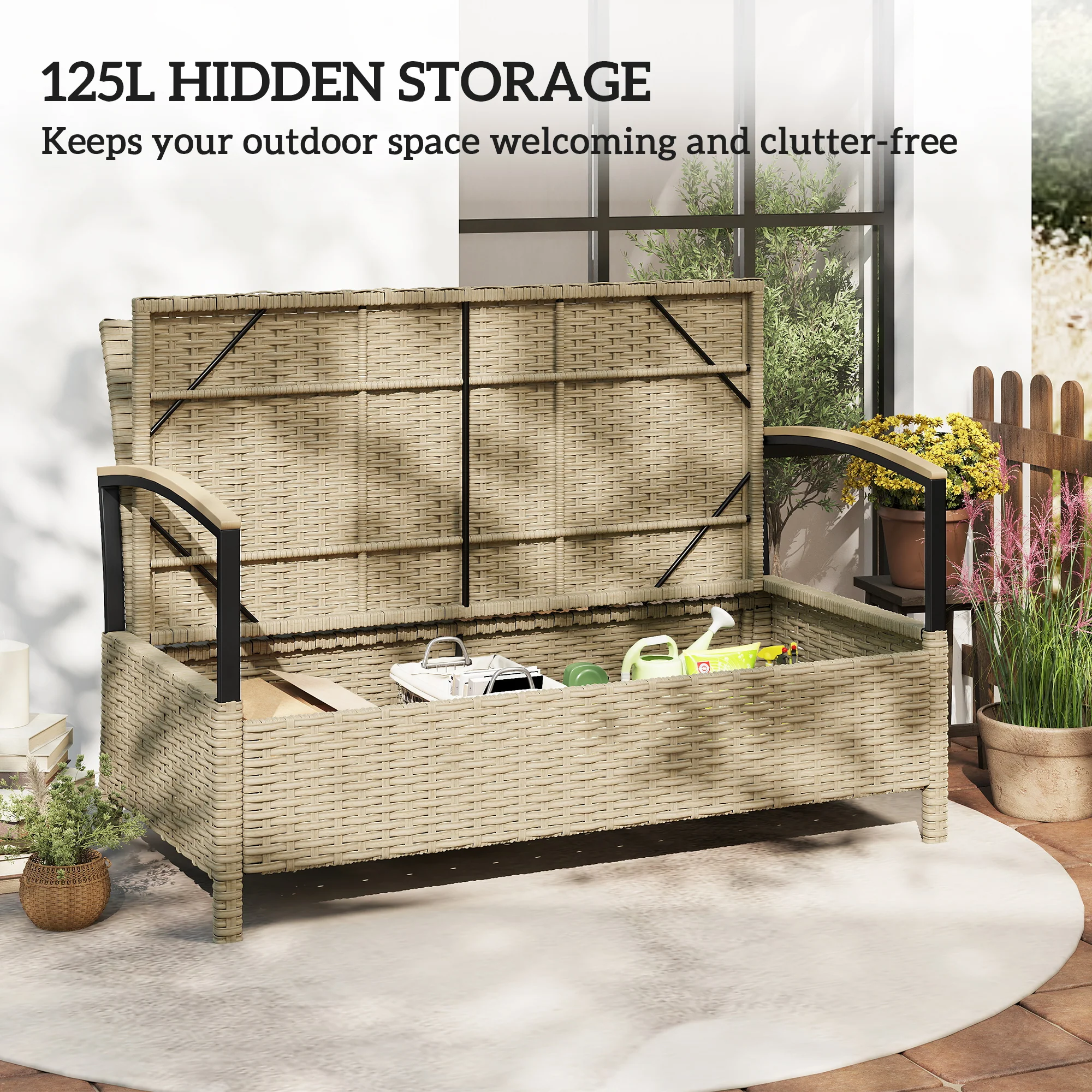 Outsunny 125L Garden Storage Bench, 2 Seater PE Rattan Outdoor Bench - Image 7