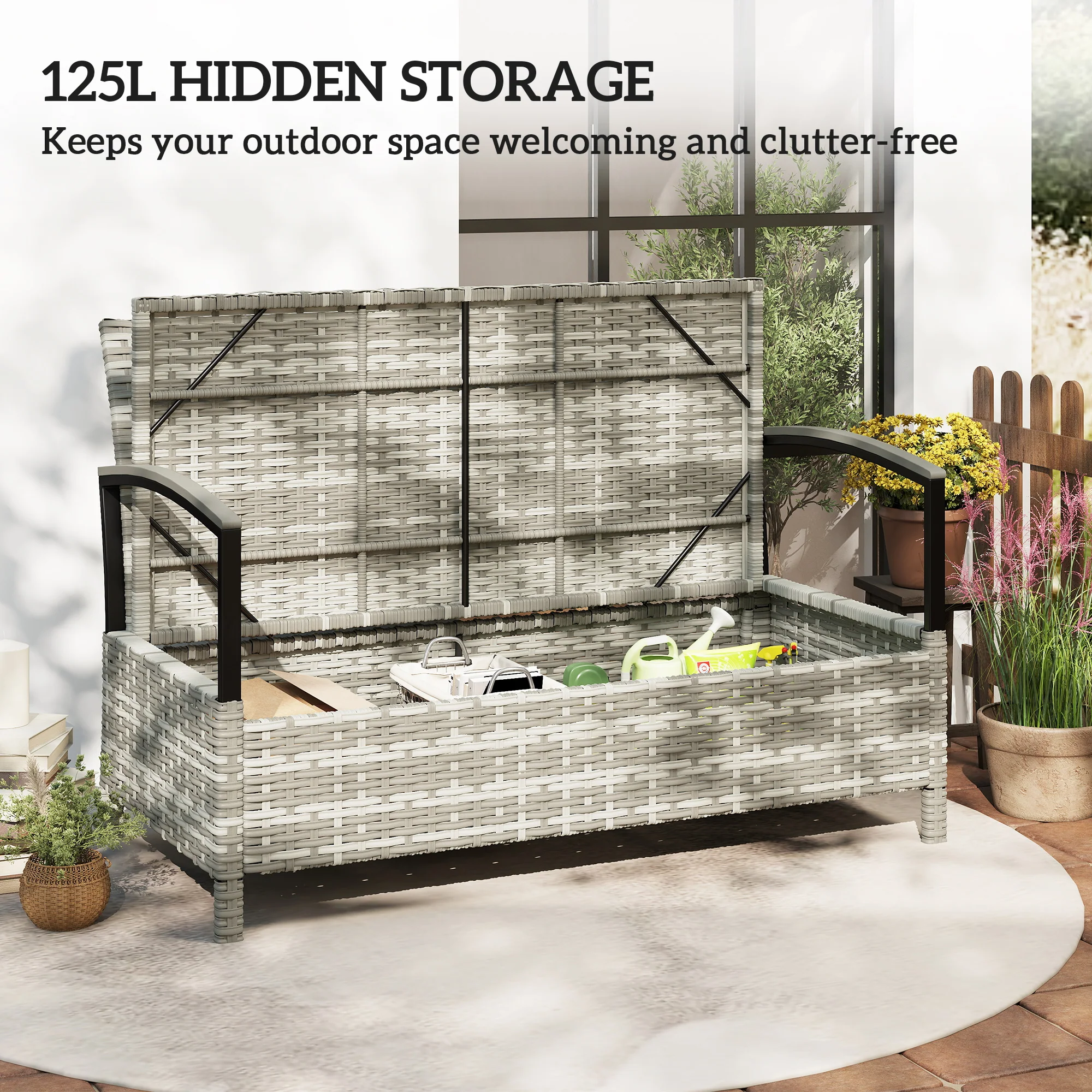 Outsunny 125L Garden Storage Bench, 2 Seater PE Rattan Outdoor Bench - Image 7