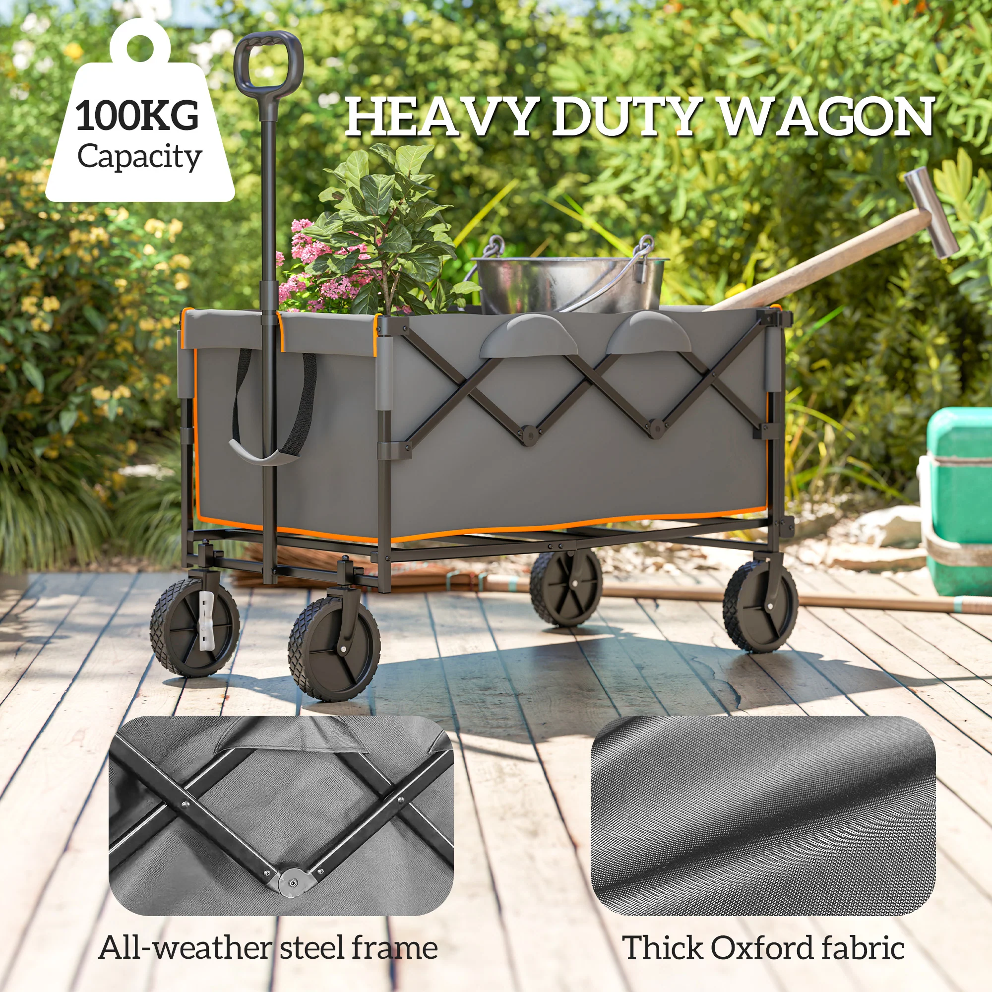 Outsunny 160L Folding Trolley Cart W/ Adjustable Handle - Image 3