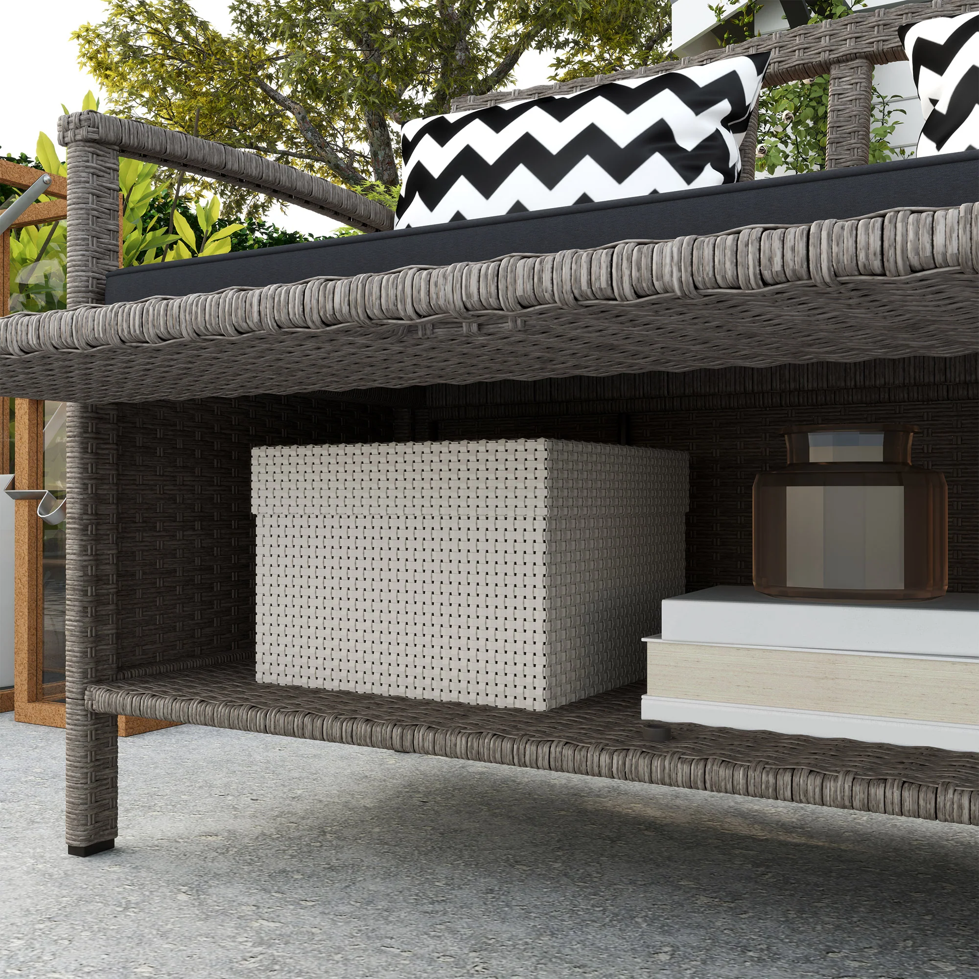 Outsunny 160L Rattan Garden Storage Bench, Cushioned Outdoor Bench, Grey - Image 8