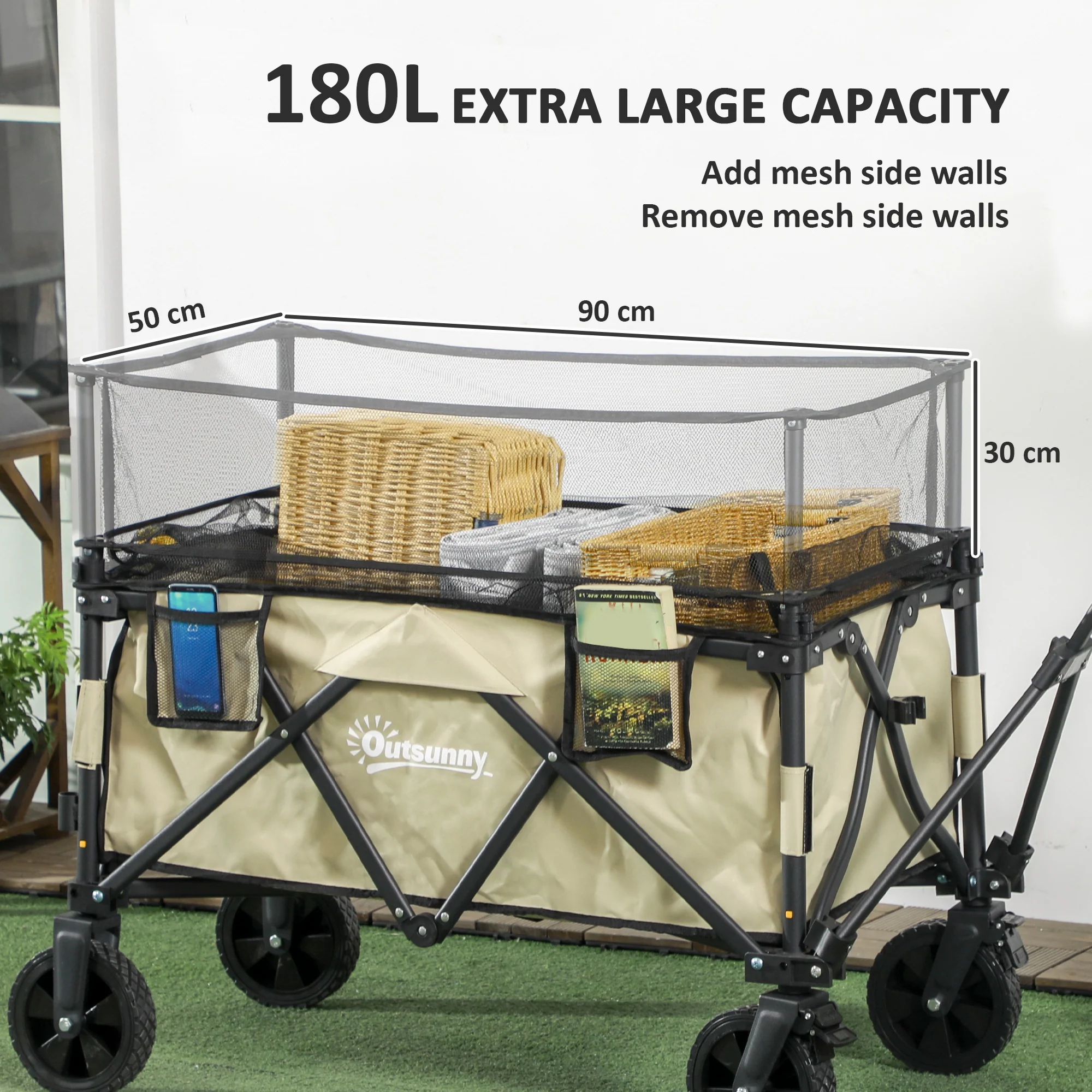 Outsunny 180L Folding Garden Trolley Wagon Cart w/ Extendable Side Walls, Khaki - Image 3