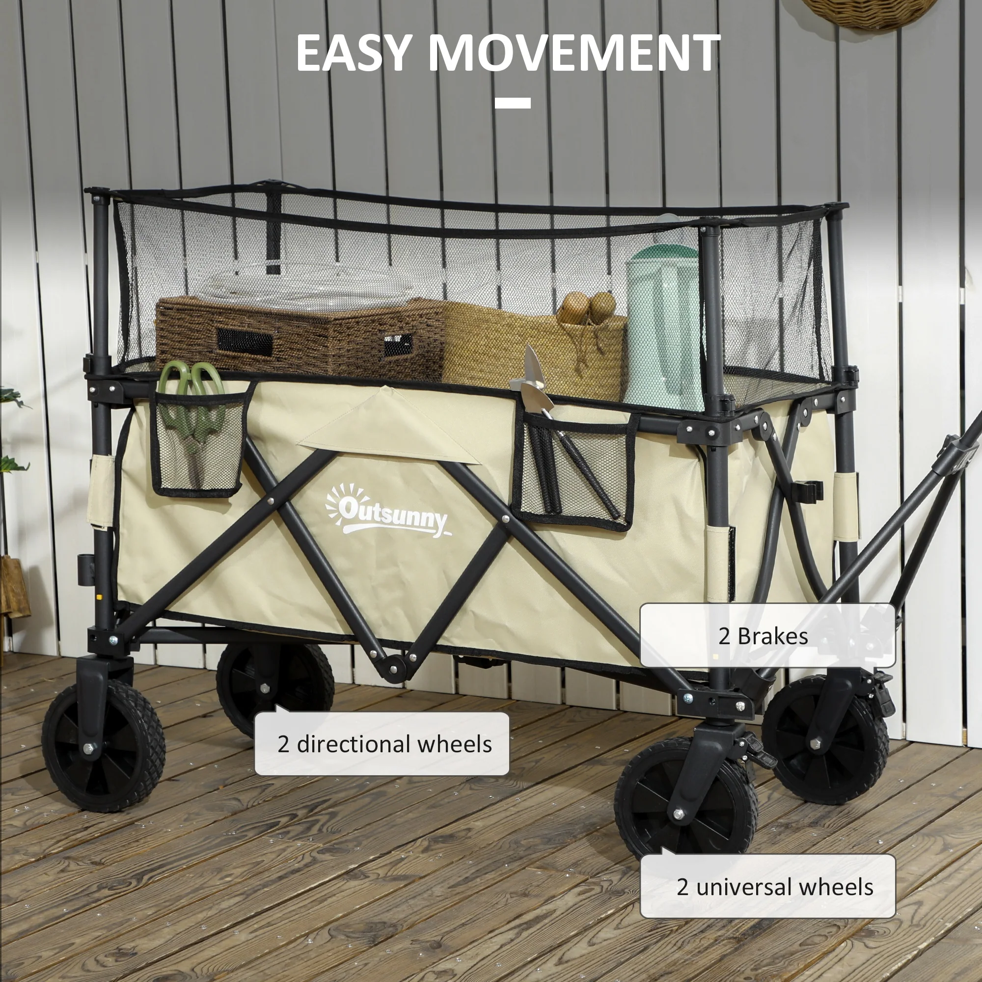 Outsunny 180L Folding Garden Trolley Wagon Cart w/ Extendable Side Walls, Khaki - Image 7
