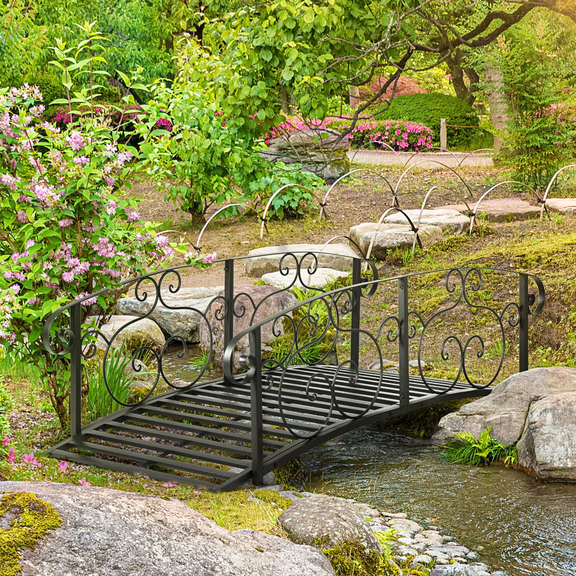 Outsunny 184cm Metal Arch Garden Garden Bridge, Black - Image 2