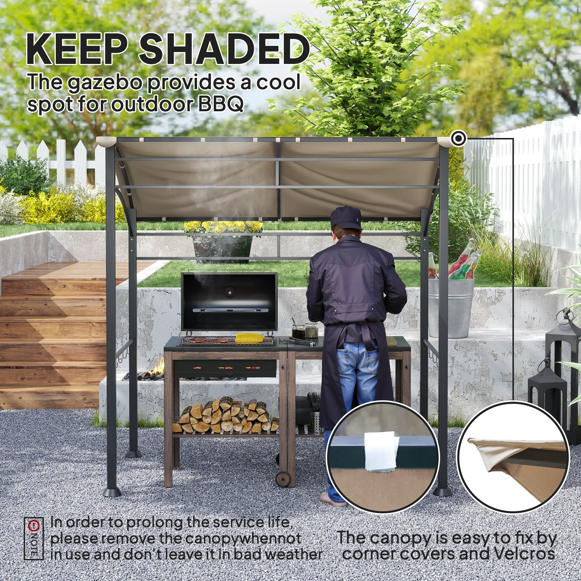 Outsunny 2.2 x 1.5 m BBQ Gazebo Tent Sun Shade with Canopy, Khaki - Image 3