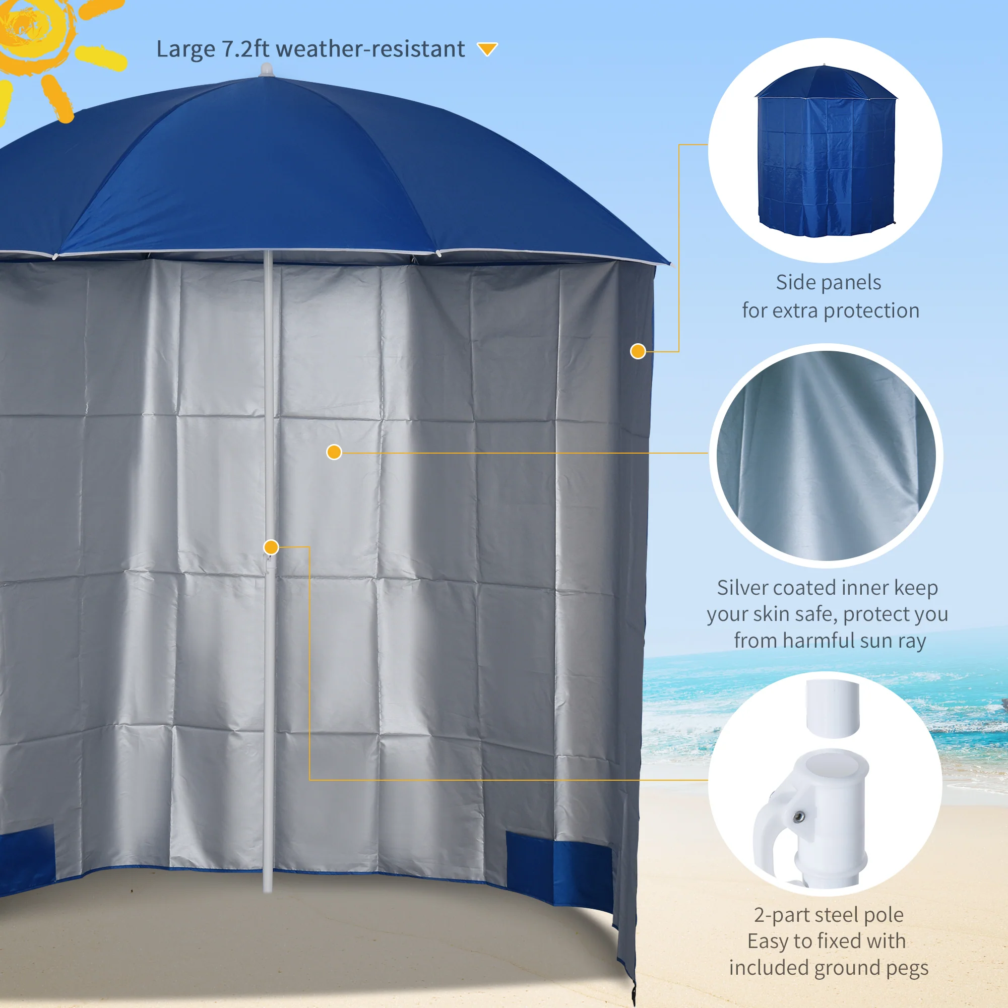 Outsunny 2.2M Outdoor Parasol Fishing Umbrella Beach Sun Shelter w/ Carry Bag - Image 3
