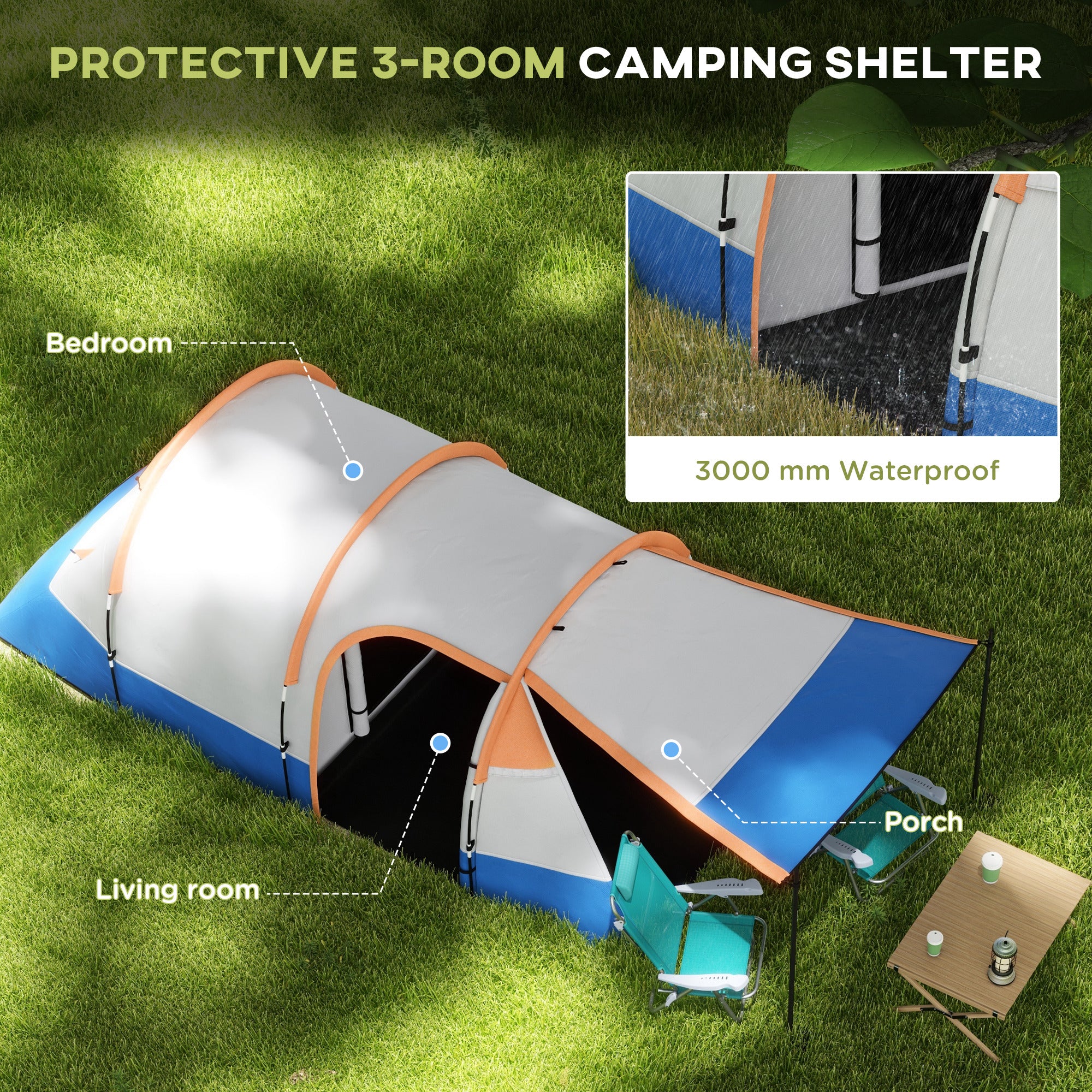 Outsunny 2-3 Man Camping Tunnel Tent with Bedroom and Living Room, Orange - Image 3
