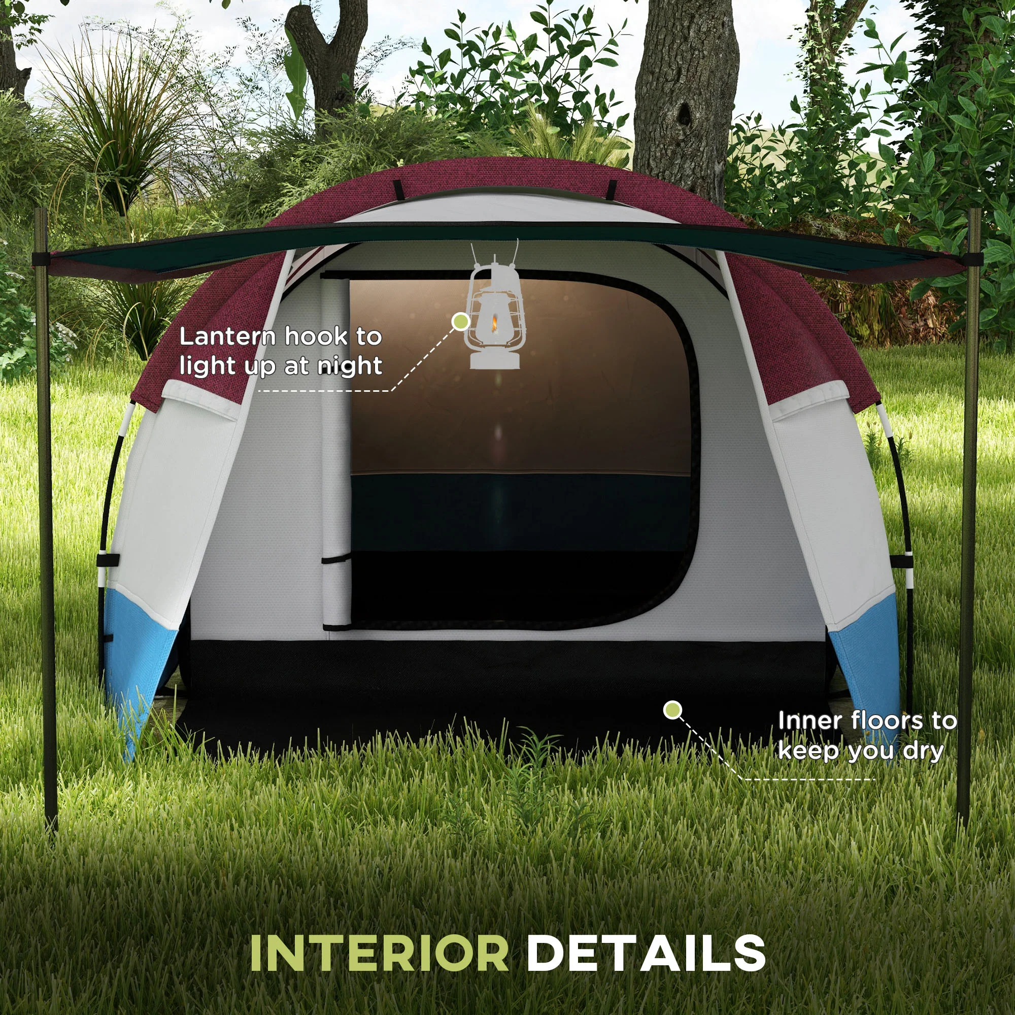 Outsunny 2-3 Man Camping Tunnel Tent with Bedroom and Living Room, Red - Image 6