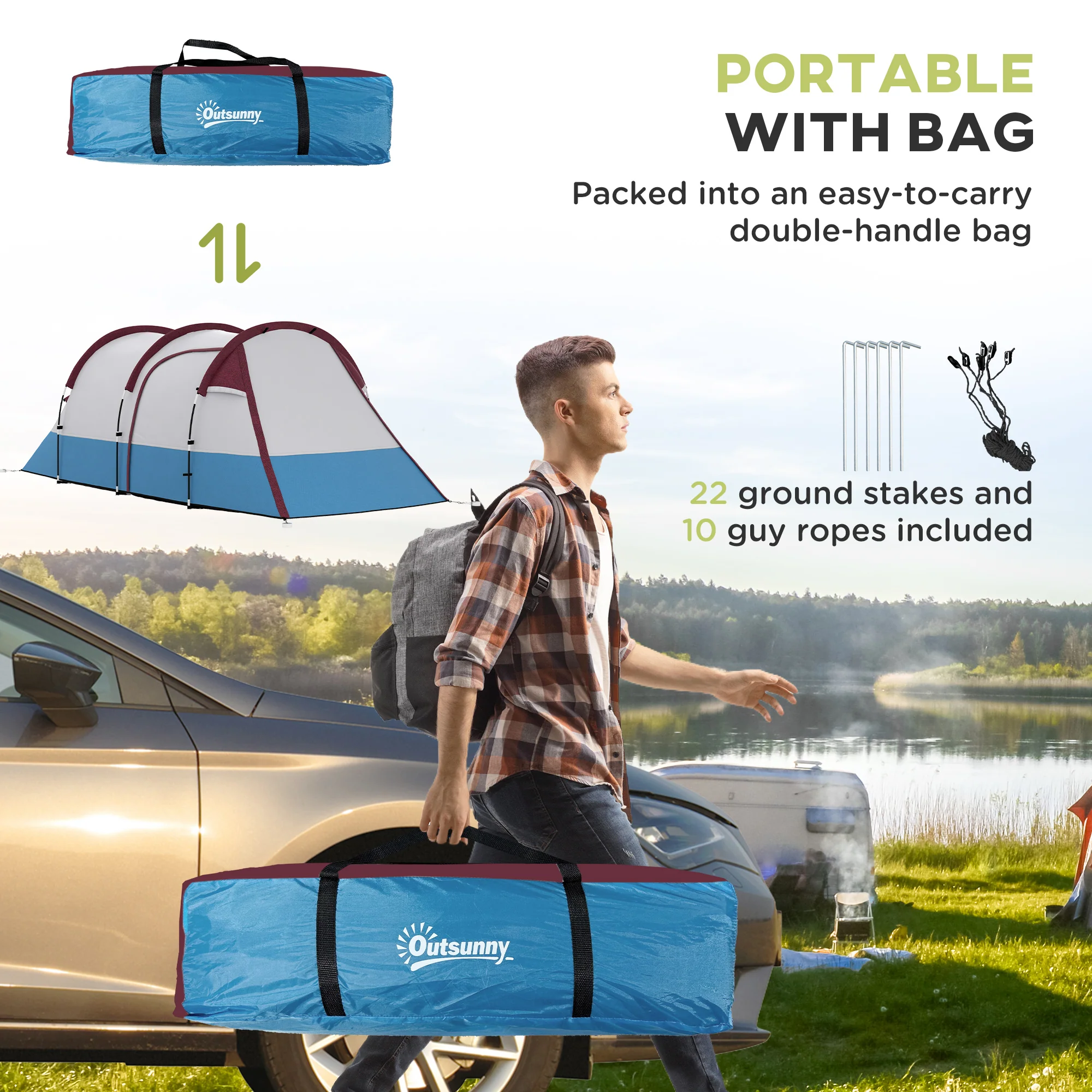 Outsunny 2-3 Man Camping Tunnel Tent with Bedroom and Living Room, Red - Image 7