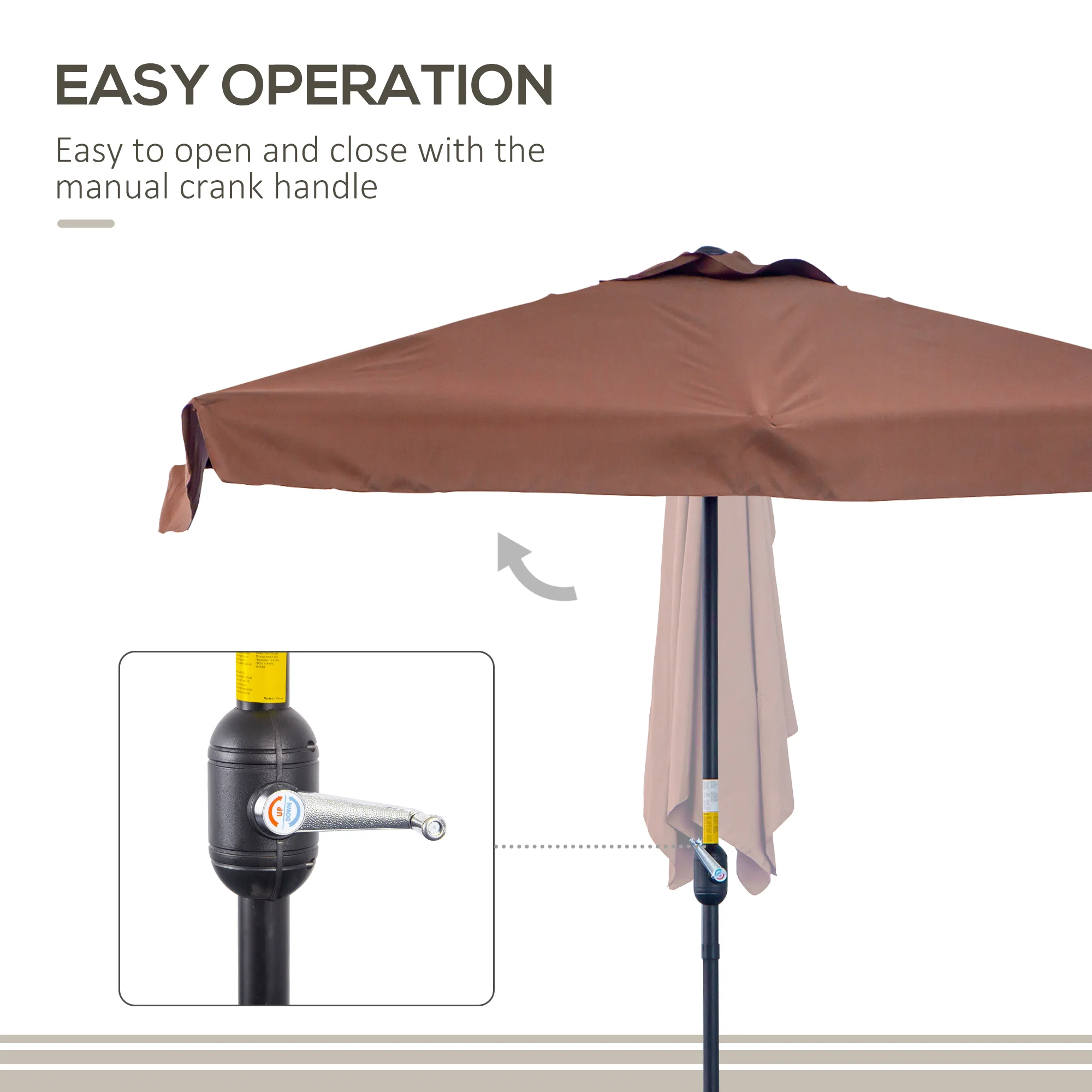 Outsunny 2.3m Half Round Parasol Garden Sun Umbrella Metal w/ Crank Brown - Image 4