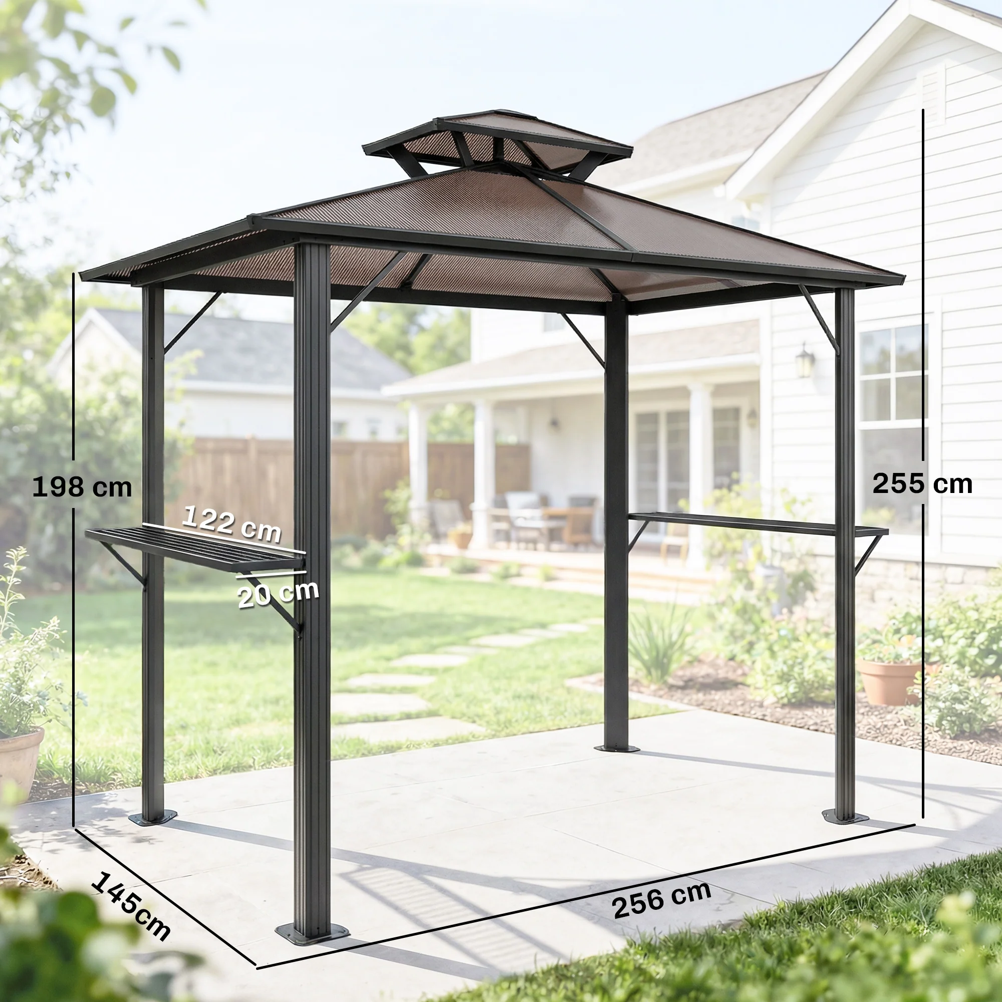 Outsunny 2.5 x 1.5 m Hardtop BBQ Grill Gazebo with Double Roof, Brown - Image 3