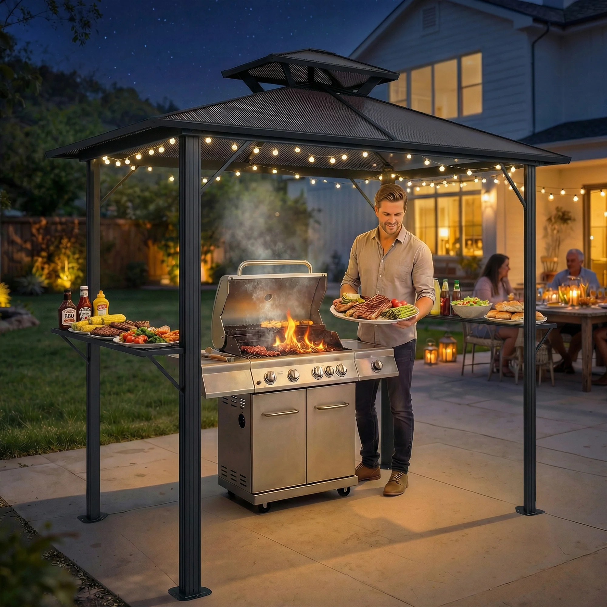 Outsunny 2.5 x 1.5 m Hardtop BBQ Grill Gazebo with Double Roof, Brown - Image 8