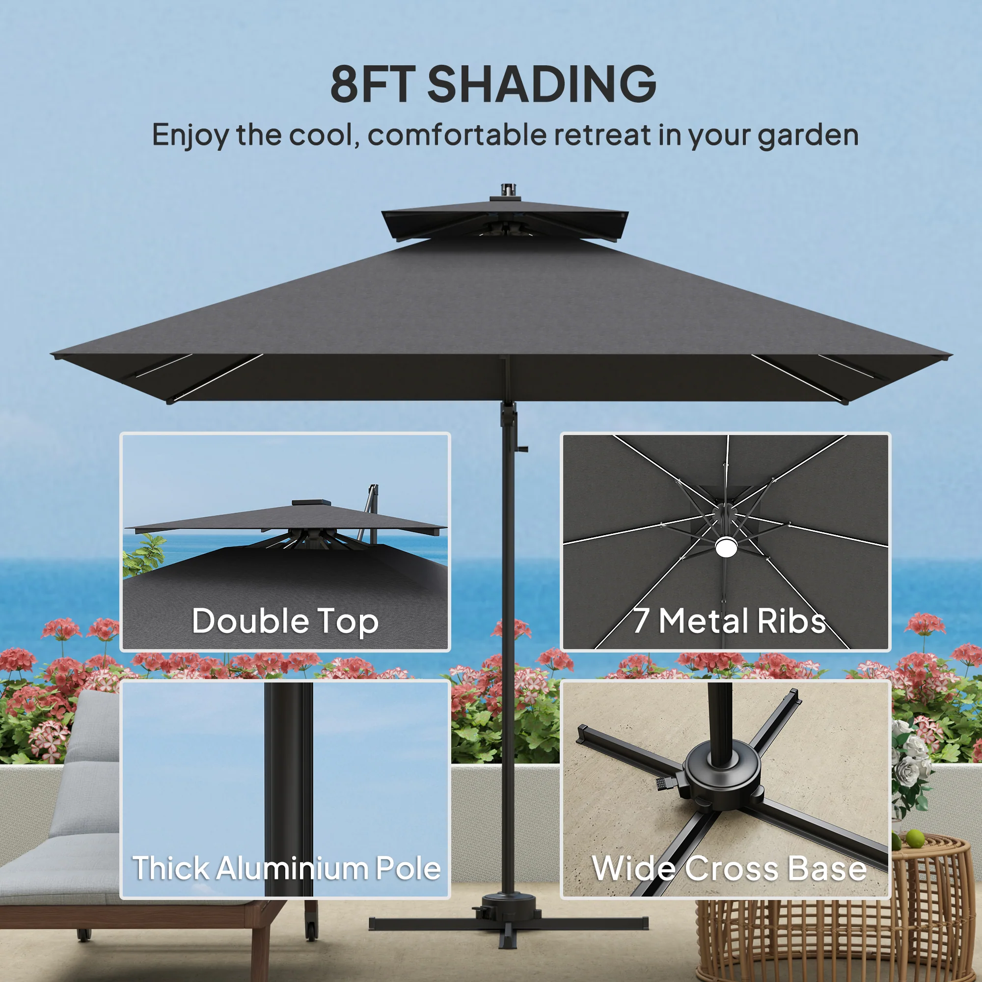 Outsunny 2.5m Cantilever Parasol, Garden Parasol With Lights - Image 7