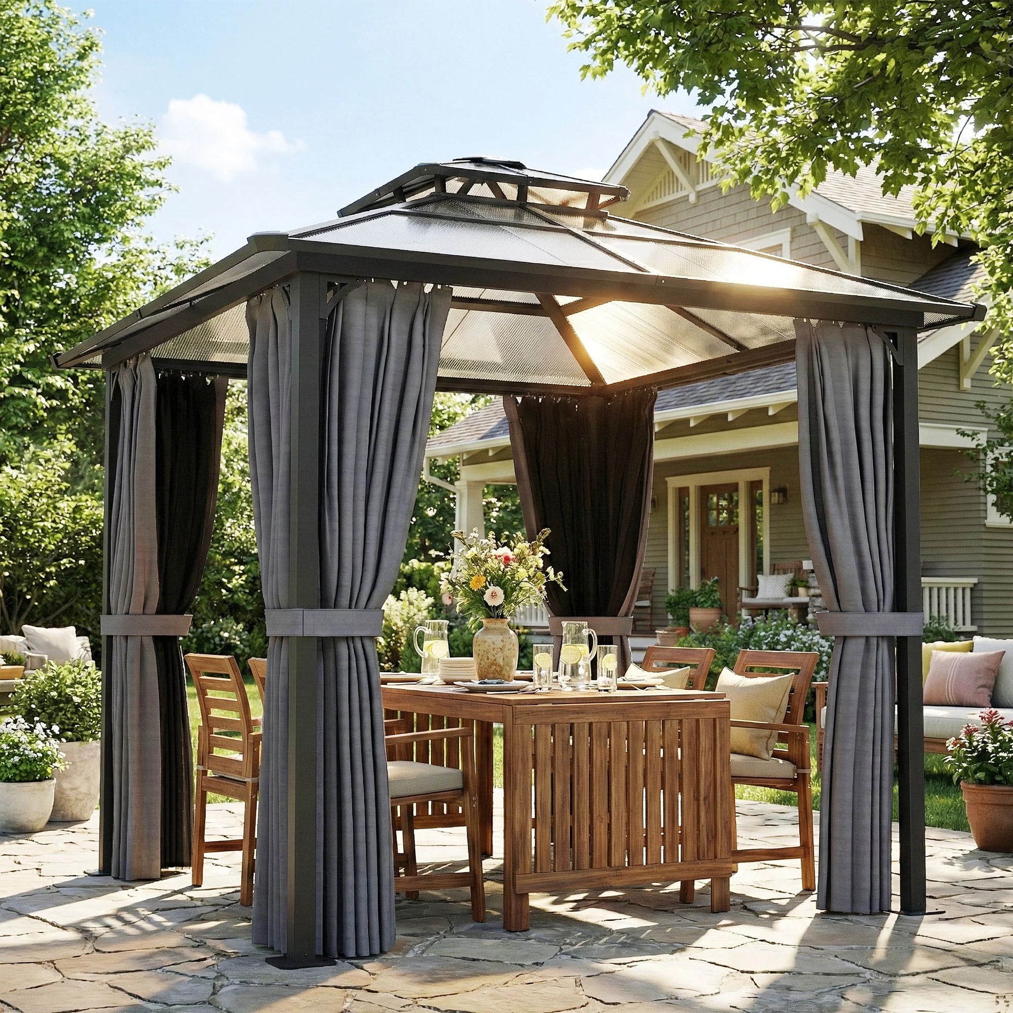 Outsunny 2.5x2.5 m Hardtop Gazebo Canopy w/ Drainage Gutters, Garden Gazebo - Image 2