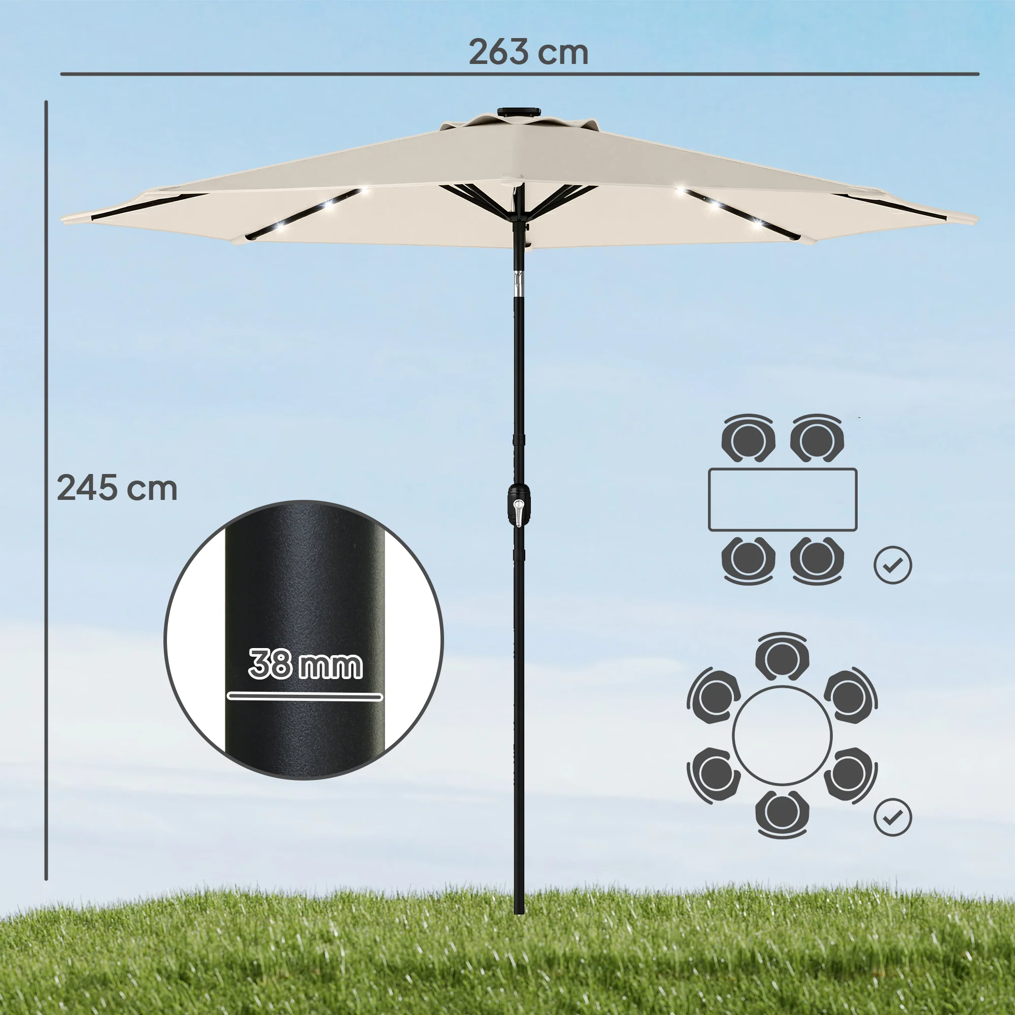 Outsunny 2.6 m Garden Parasol Umbrella with Light, Outdoor Patio Umbrella - Image 3