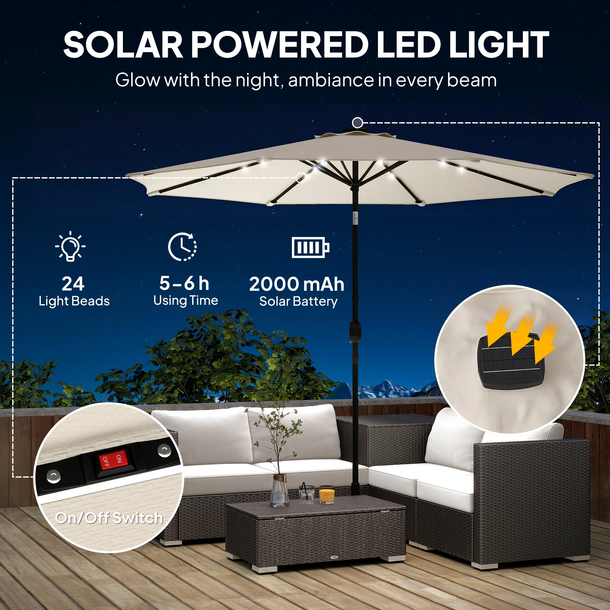 Outsunny 2.6 m Garden Parasol Umbrella with Light, Outdoor Patio Umbrella - Image 4