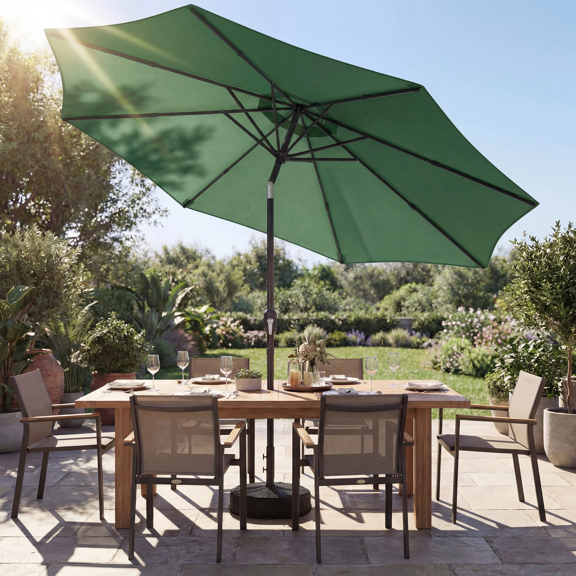 Outsunny 2.7 m Garden Parasol Umbrella with Cross Base, Sandbag, Green - Image 2