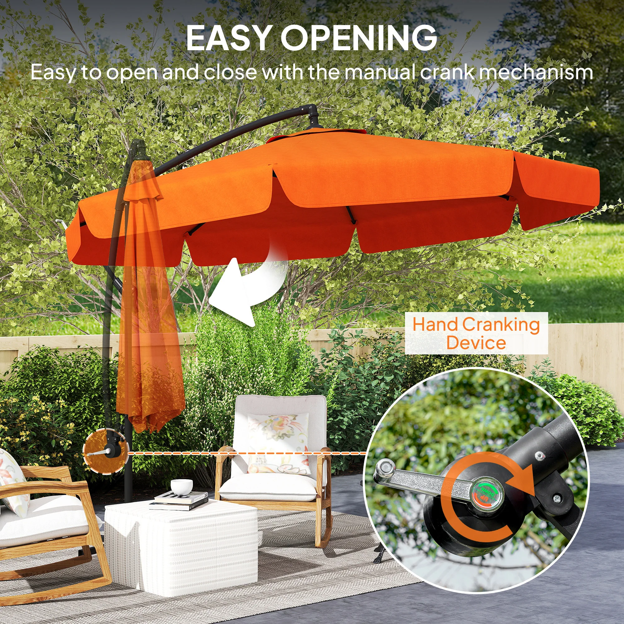 Outsunny 2.7m Garden Cantilever Banana Parasol Sun Shade W/ Crank, Orange - Image 3
