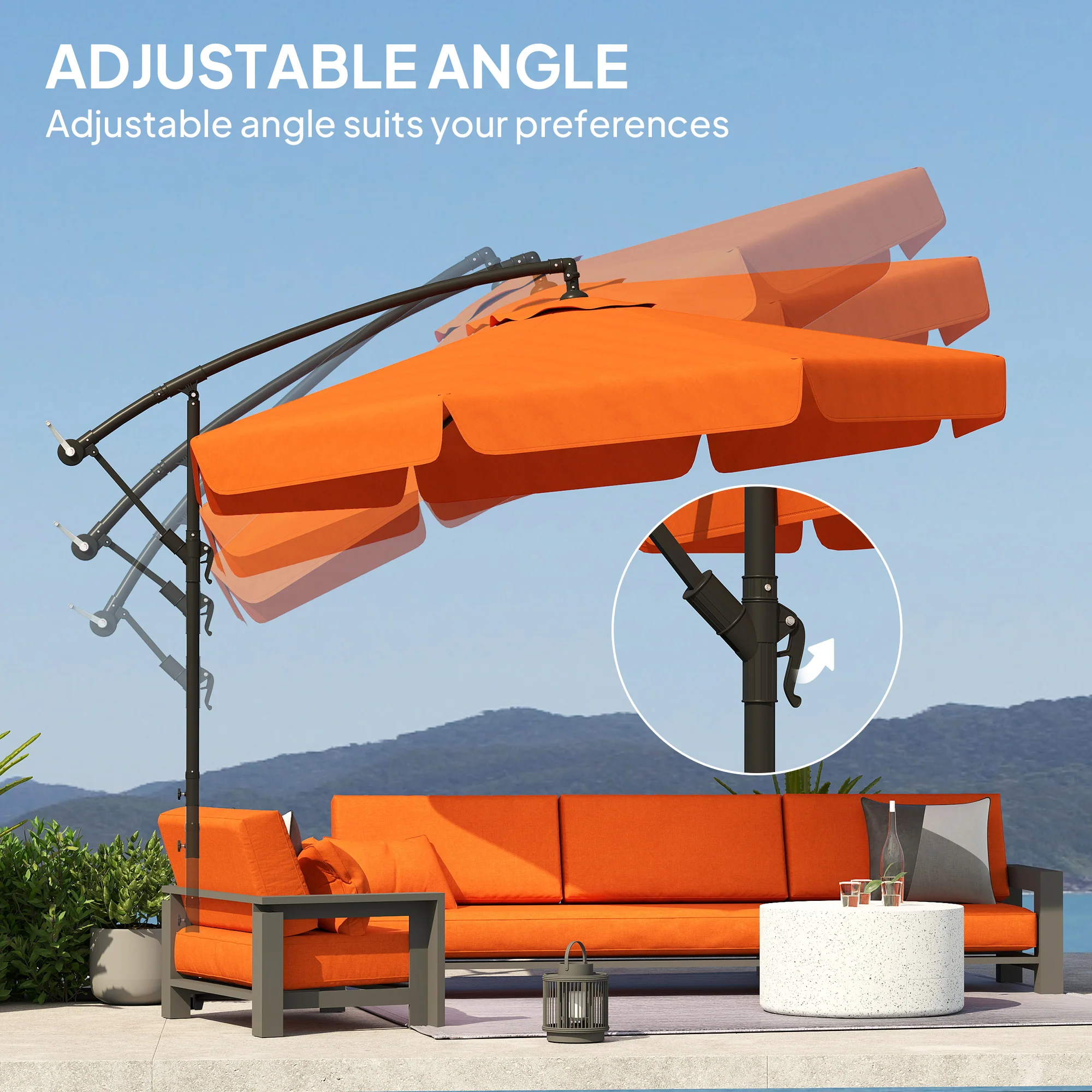 Outsunny 2.7m Garden Cantilever Banana Parasol Sun Shade W/ Crank, Orange - Image 4