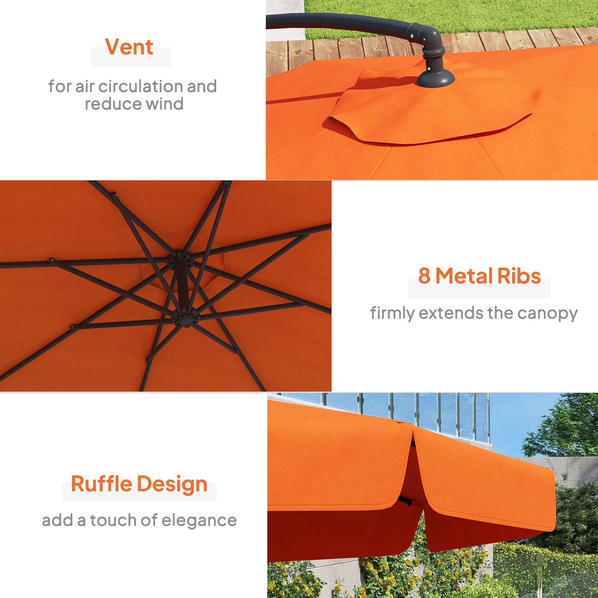 Outsunny 2.7m Garden Cantilever Banana Parasol Sun Shade W/ Crank, Orange - Image 6
