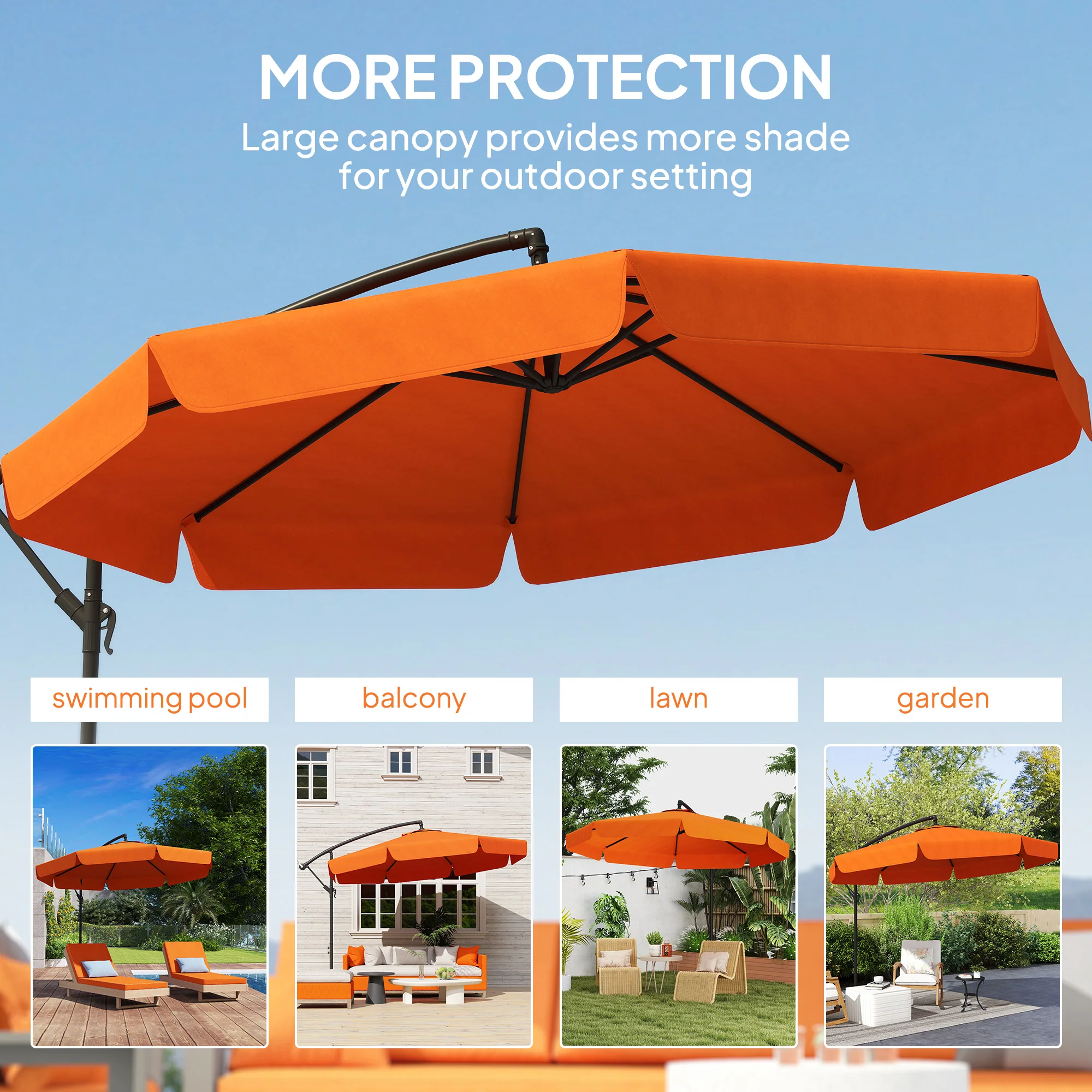 Outsunny 2.7m Garden Cantilever Banana Parasol Sun Shade W/ Crank, Orange - Image 7