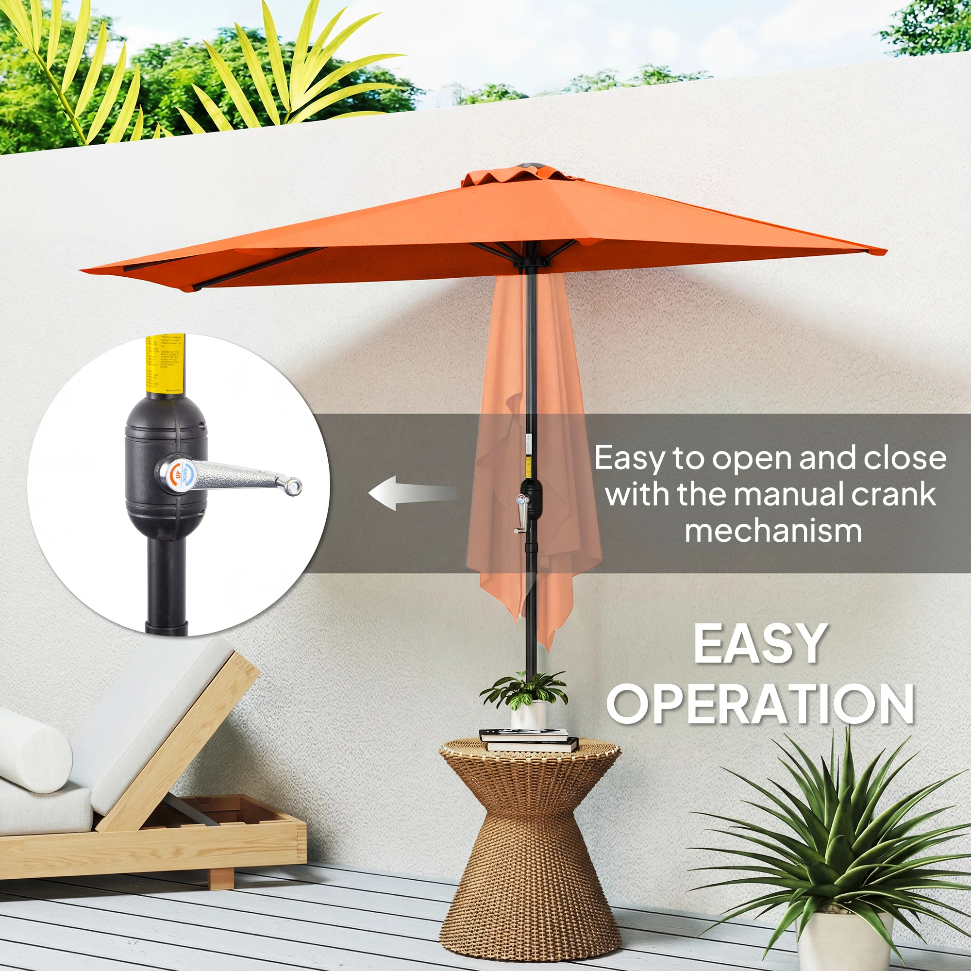 Outsunny 2.7m Metal Frame Garden Furniture Parasol Half Round Umbrella Orange - Image 4