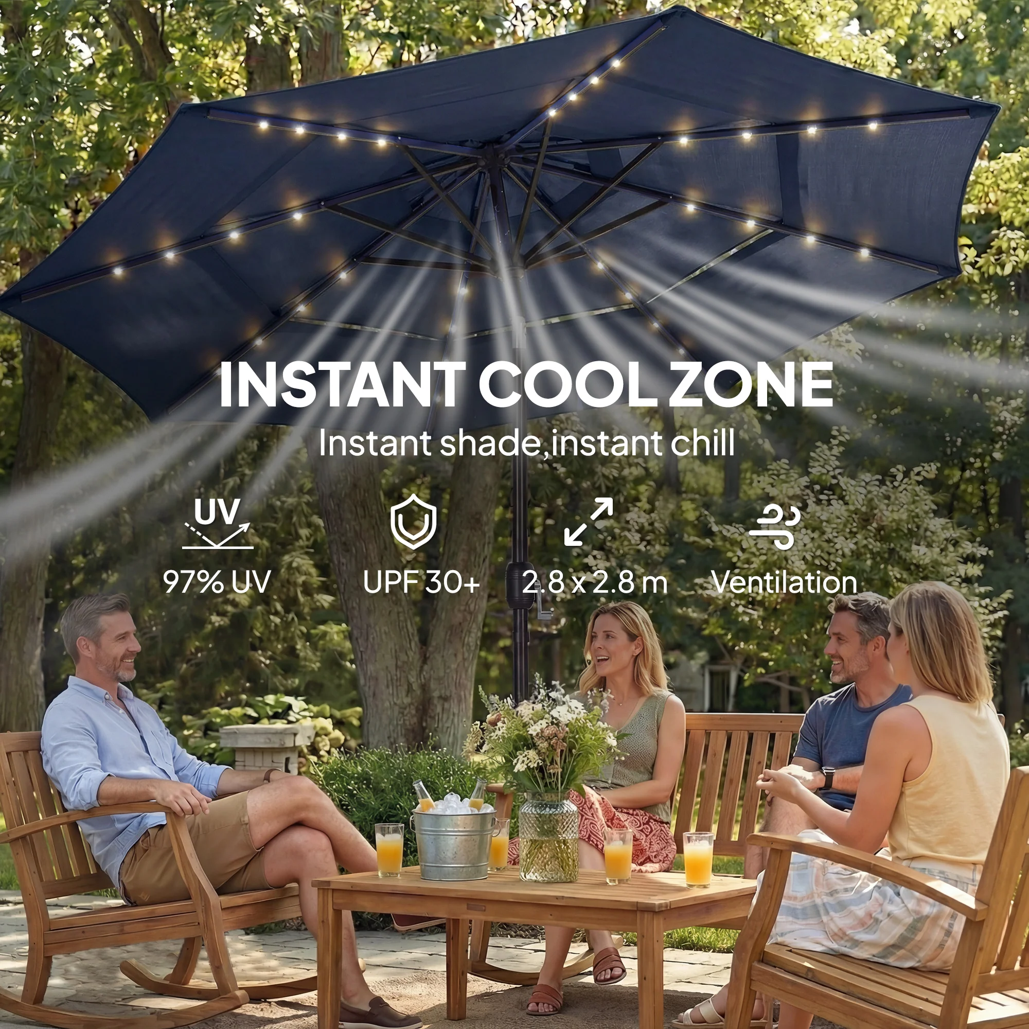 Outsunny 2.8 m Garden Parasol Umbrella with Light, Patio Umbrella, Navy Blue - Image 7