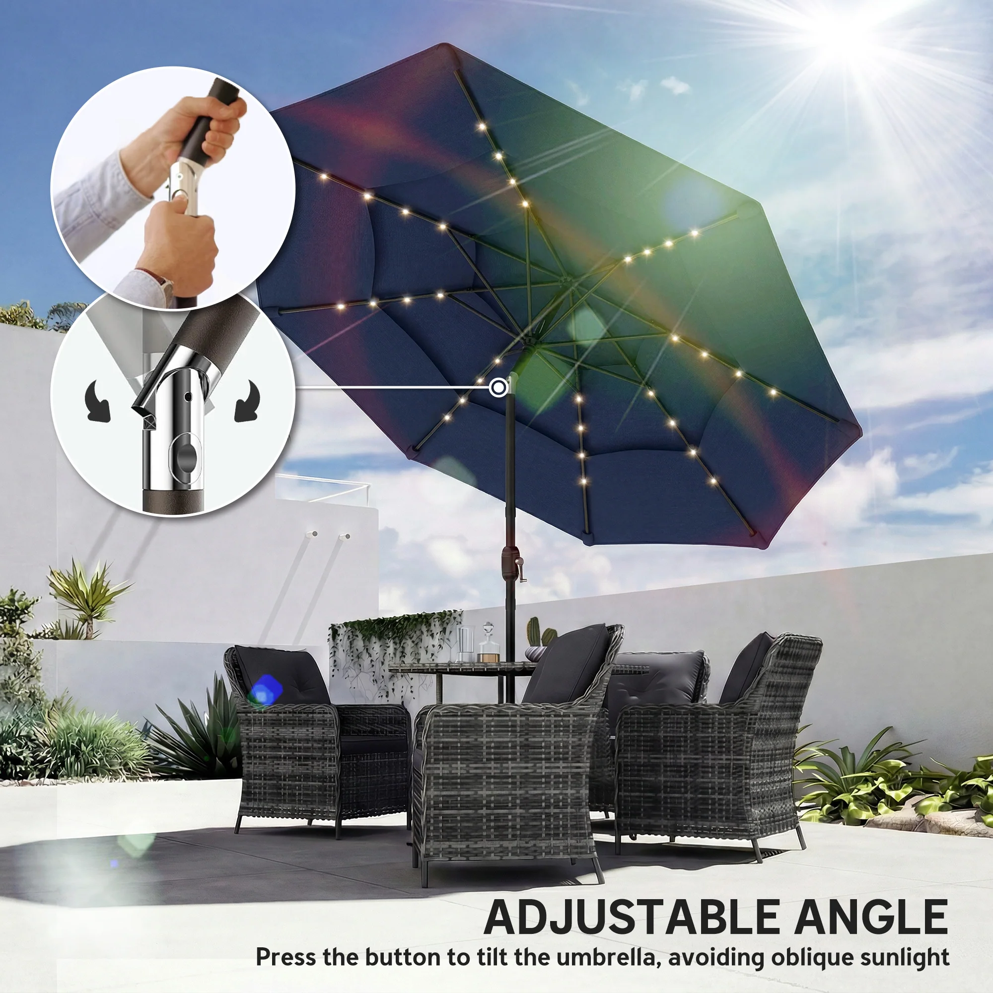 Outsunny 2.8 m Garden Parasol Umbrella with Light, Patio Umbrella, Navy Blue - Image 9