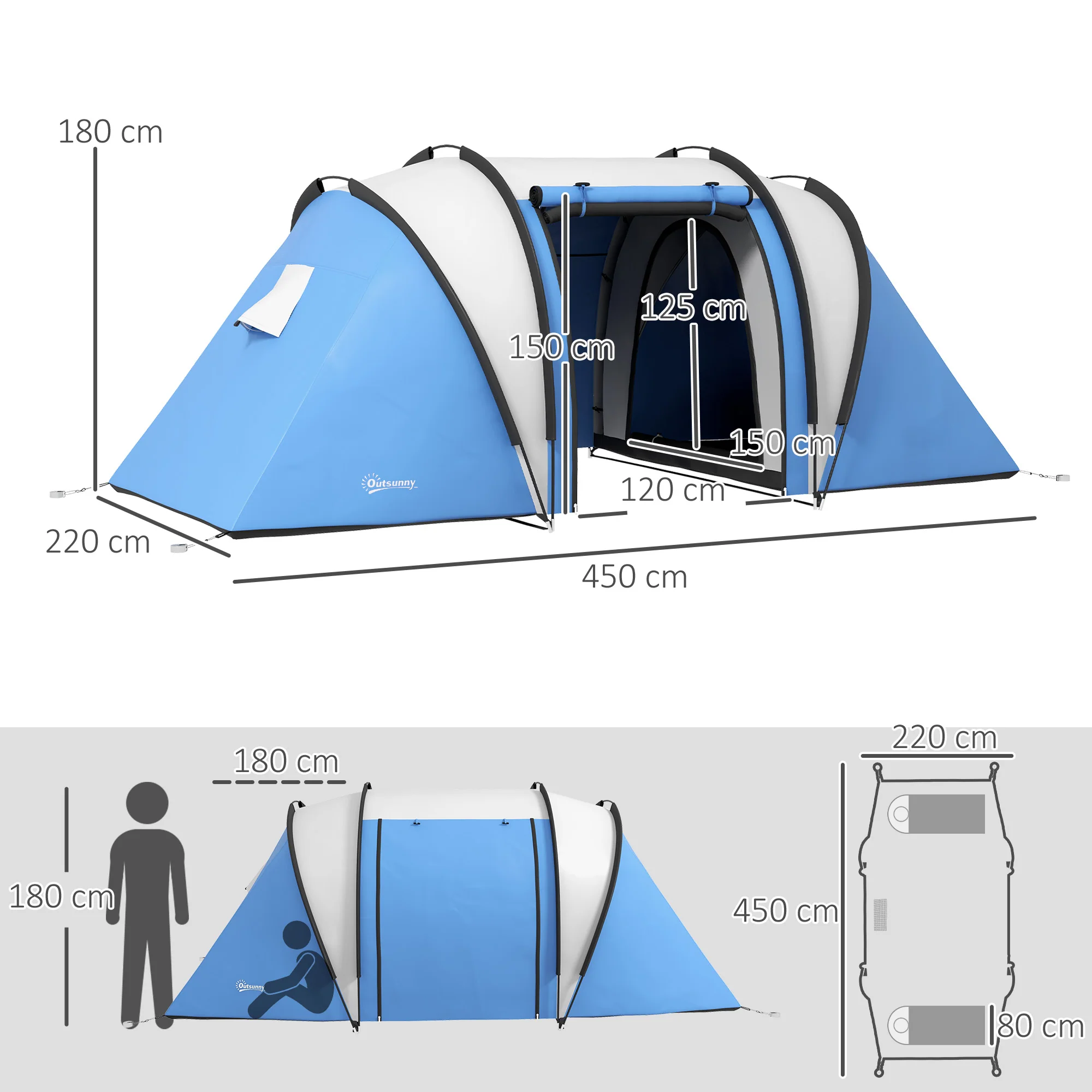 Outsunny 2 Bedroom Camping Tent with Living Area, 3000mm Waterproof, Blue - Image 5