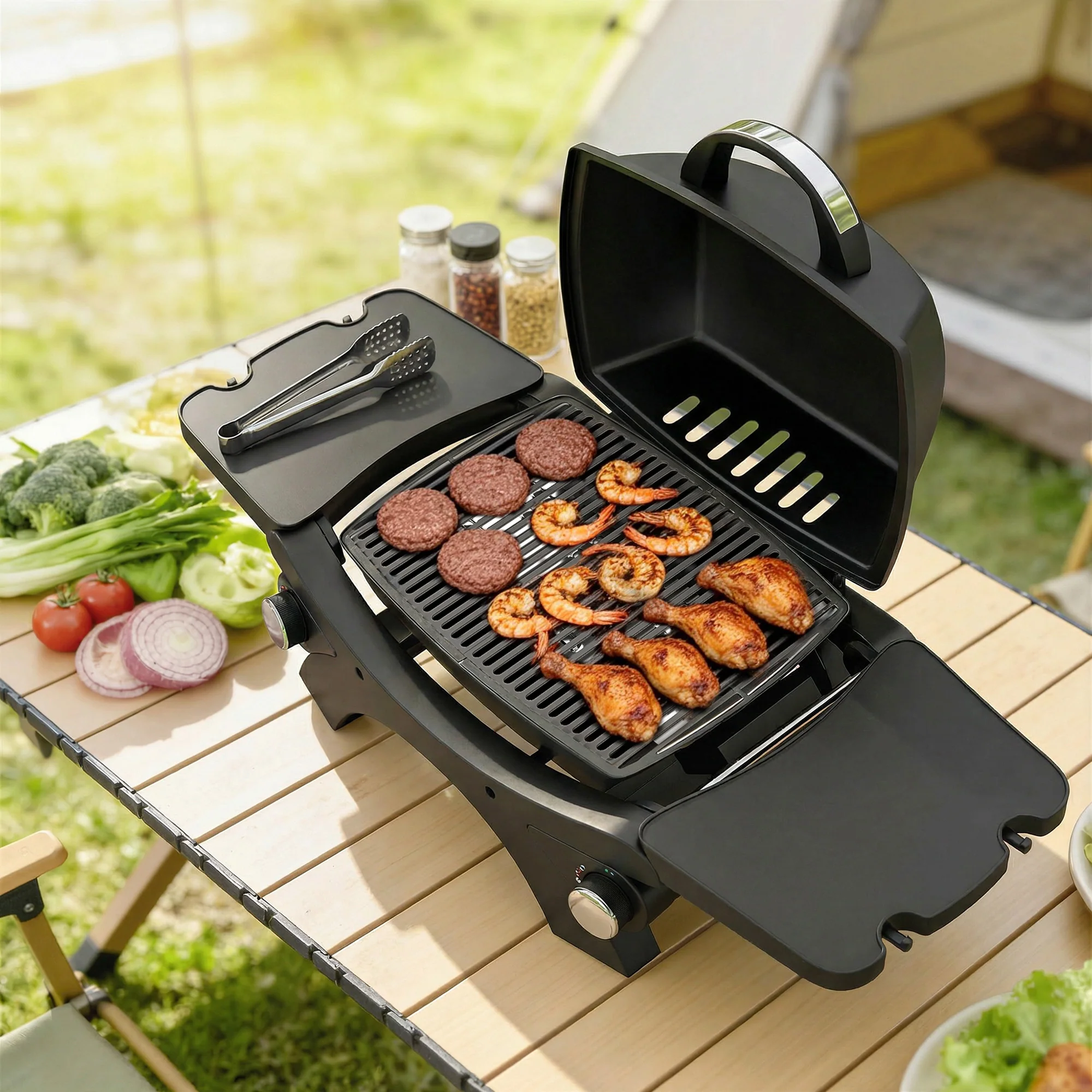 Outsunny 2 Burner Gas Grill, Tabletop BBQ With Cast Iron Grates, Black - Image 9