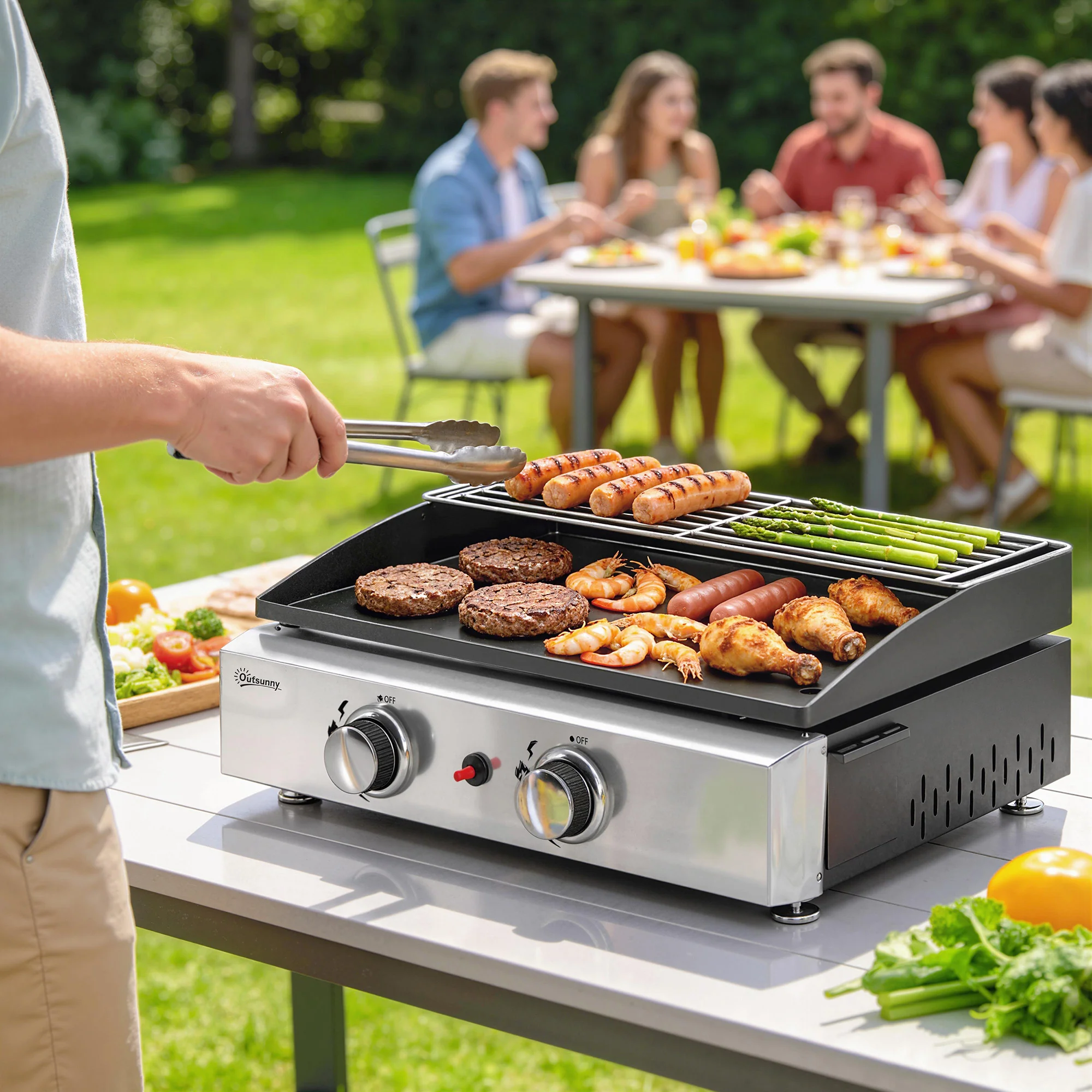Outsunny 2 Burner Grill Griddle, Tabletop Gas BBQ With Grease Cup, Black - Image 2