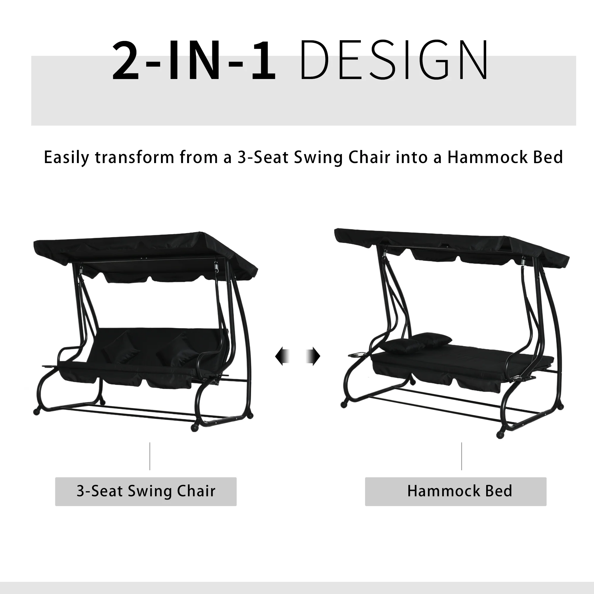 Outsunny 2-in-1 Garden Swing Chair for 3 Person w/ Adjustable Canopy Black - Image 3