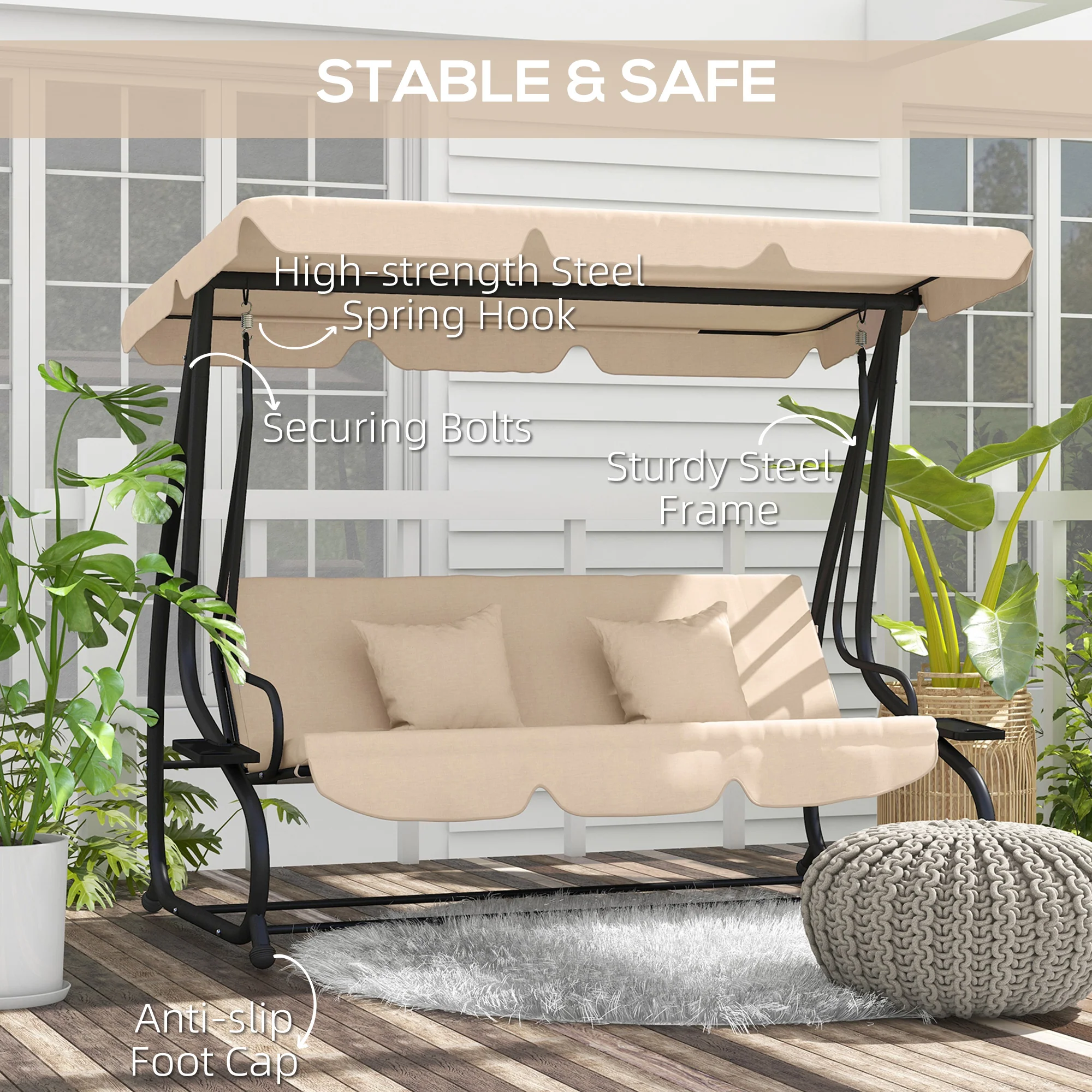 Outsunny 2-in-1 Garden Swing Chair for 3 Person w/ Adjustable Canopy Light Brown - Image 6