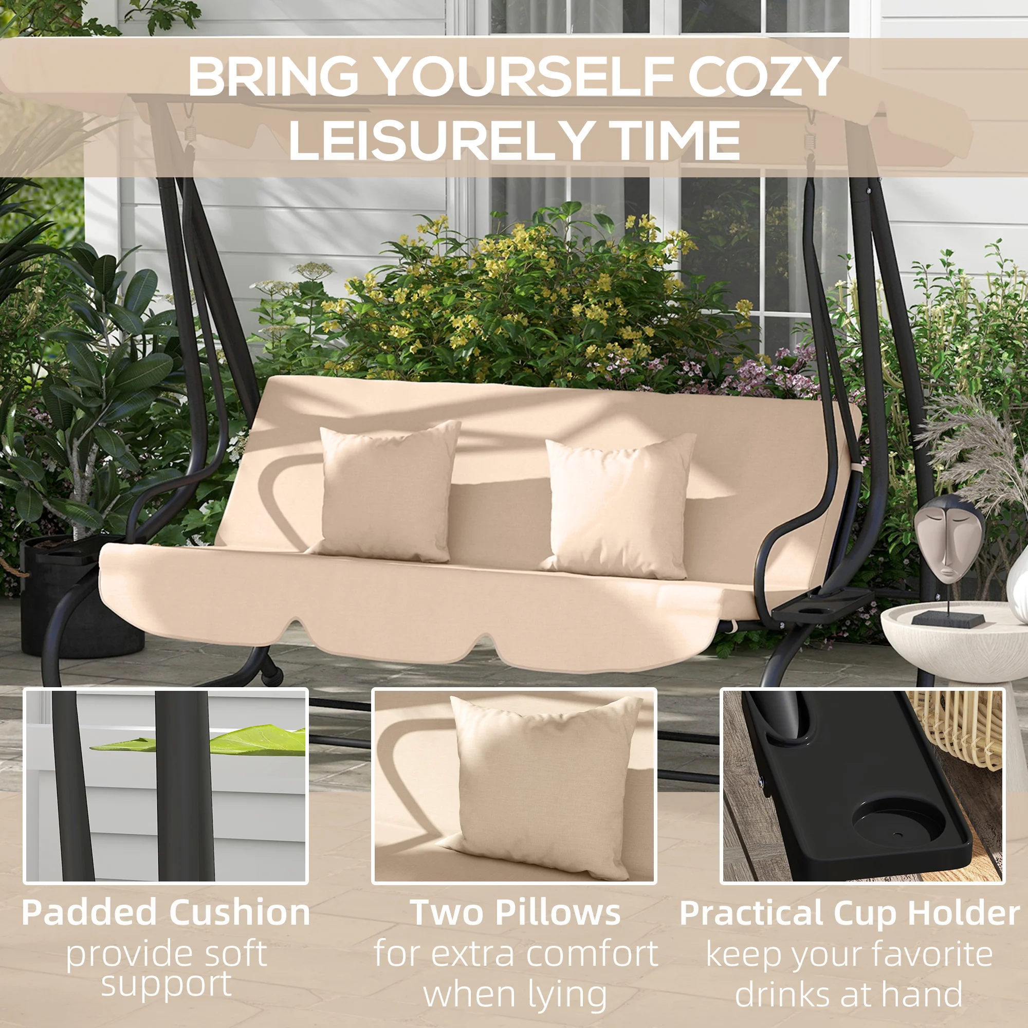 Outsunny 2-in-1 Garden Swing Chair for 3 Person w/ Adjustable Canopy Light Brown - Image 7
