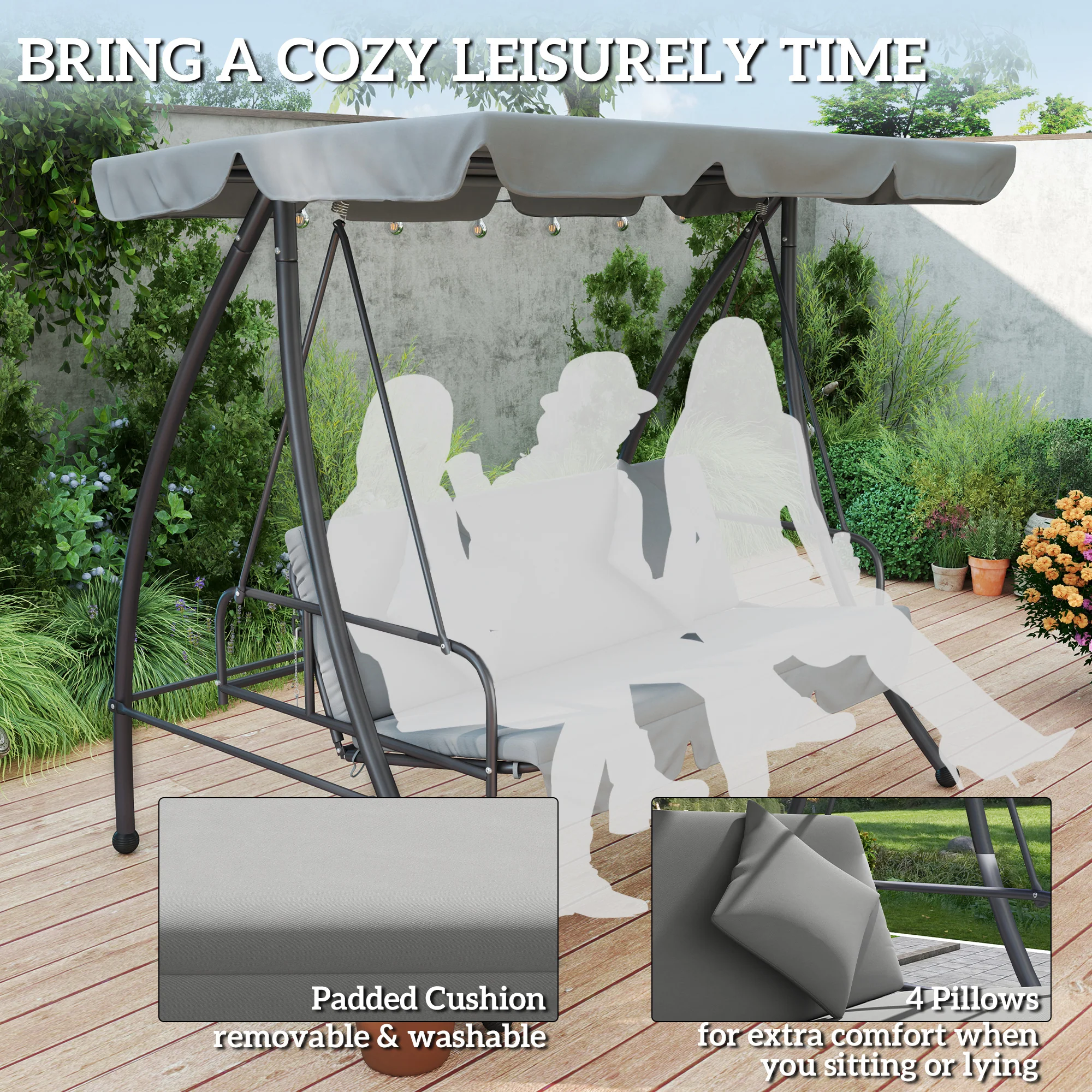 Outsunny 2-in-1 Swing Chair 3 Seater Hammock Cushion Bed Tilt Canopy - Image 7