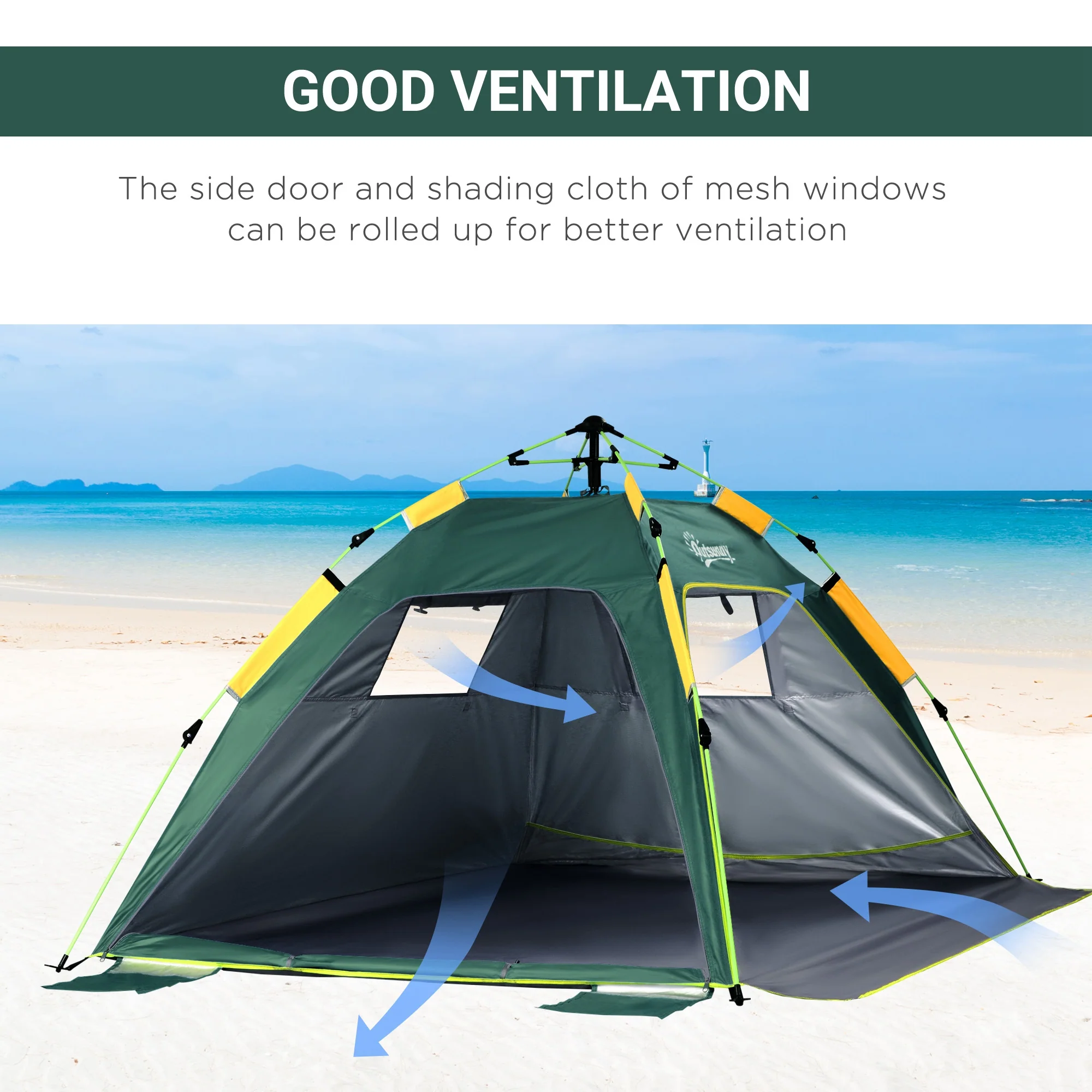 Outsunny 2 Man Pop-up Beach Tent Sun Shade Shelter Hut w/ Windows Door Green - Image 6