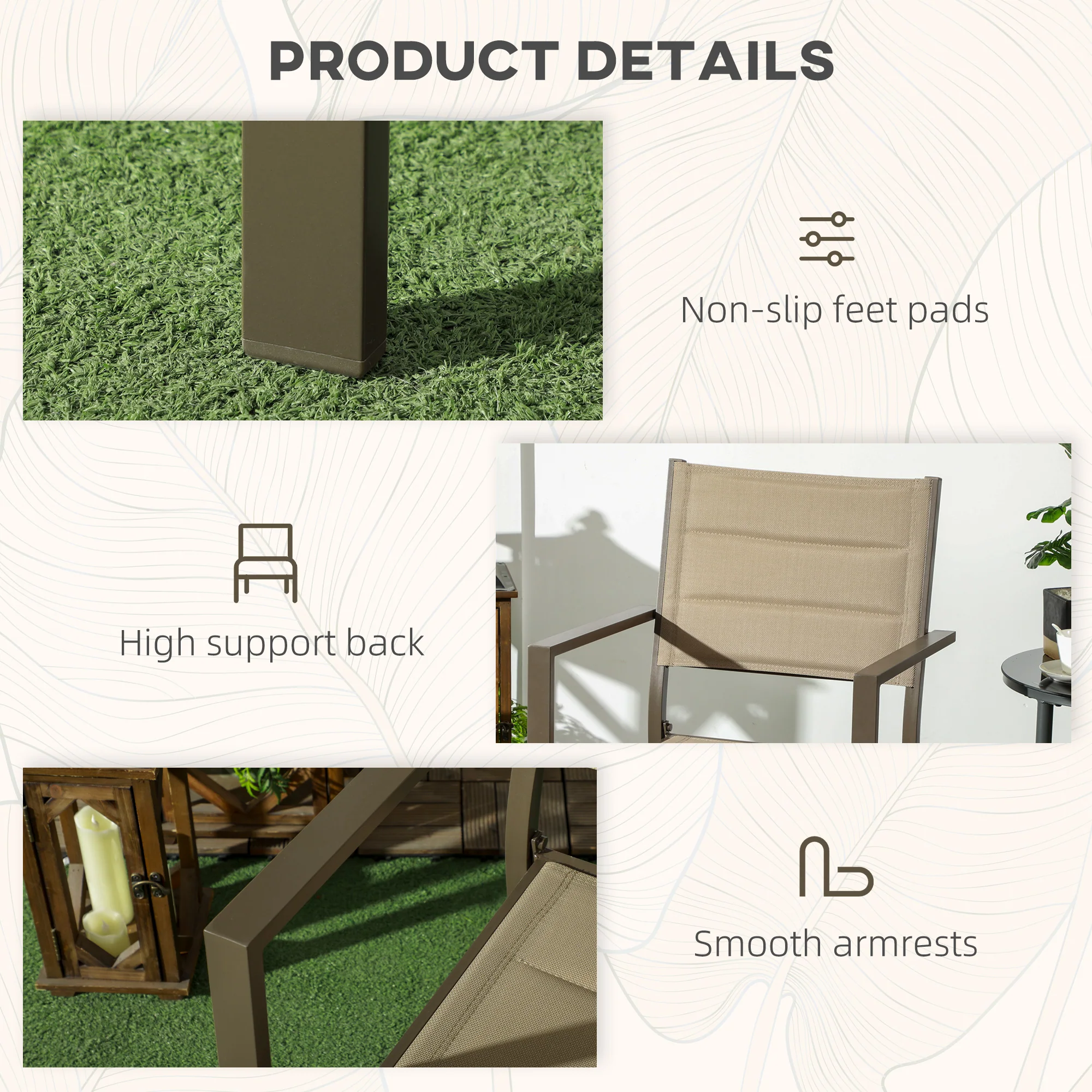 Outsunny 2 PCs Dining Chairs, Stackable Design Aluminium Outdoor Armchairs Khaki - Image 6