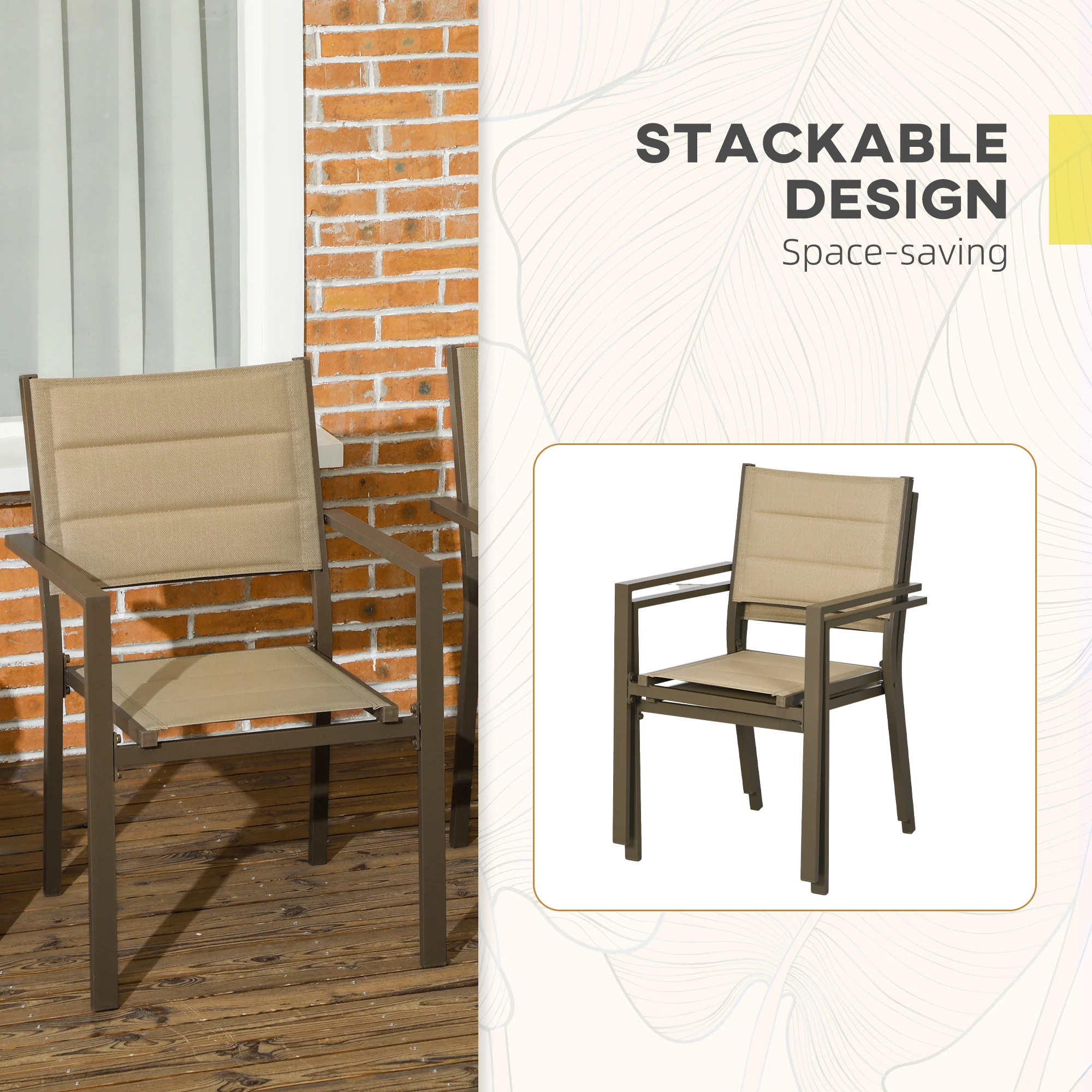 Outsunny 2 PCs Dining Chairs, Stackable Design Aluminium Outdoor Armchairs Khaki - Image 7