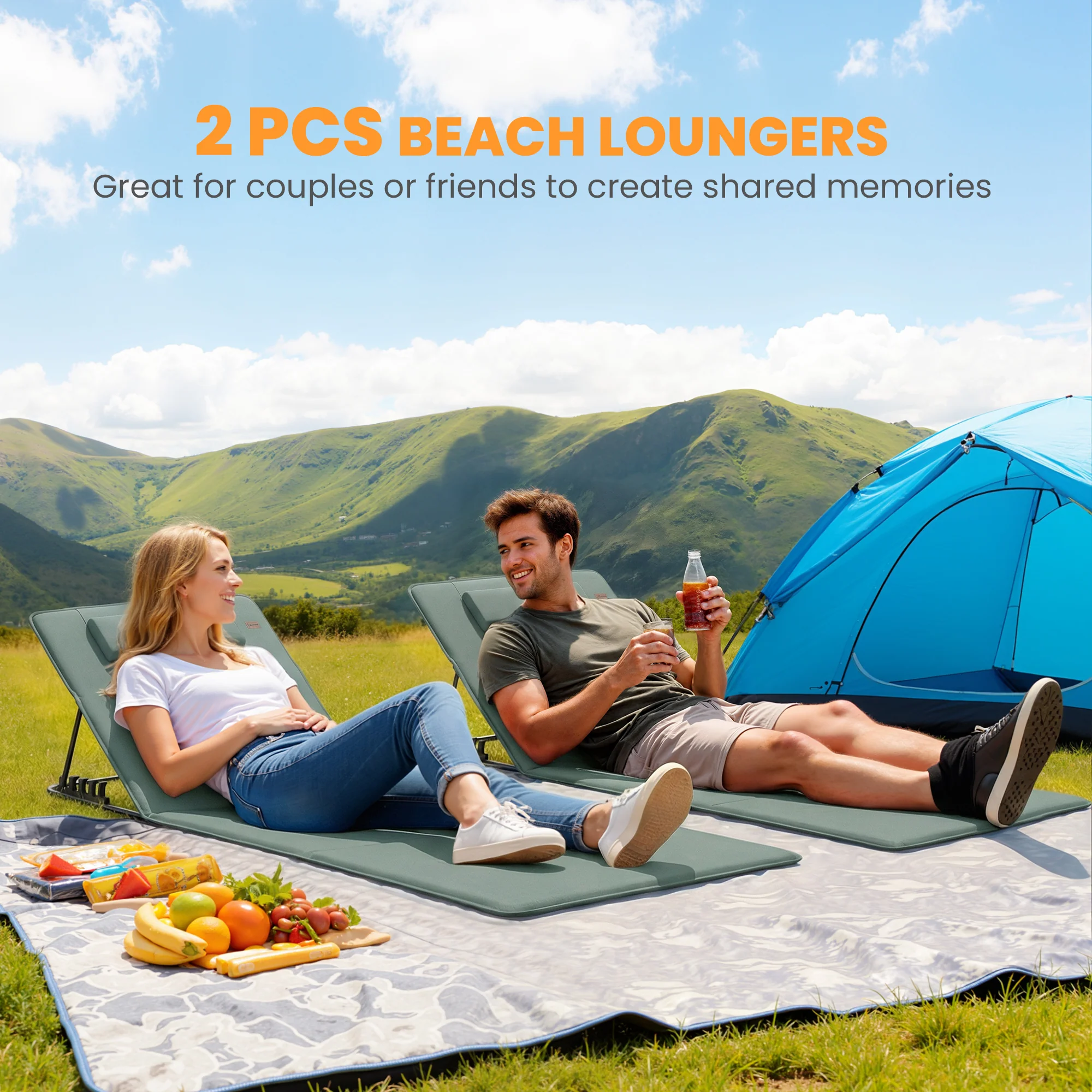 Outsunny 2 Pcs Foldable Sun Loungers, Beach Lounger with Adjustable Back - Image 5