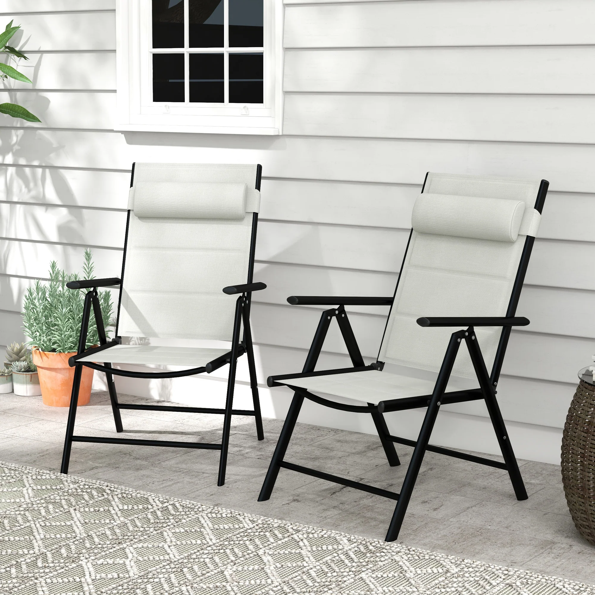 Outsunny 2 PCS Outdoor Folding Chairs, Dining Chairs w/ Padded Filling, Grey - Image 2