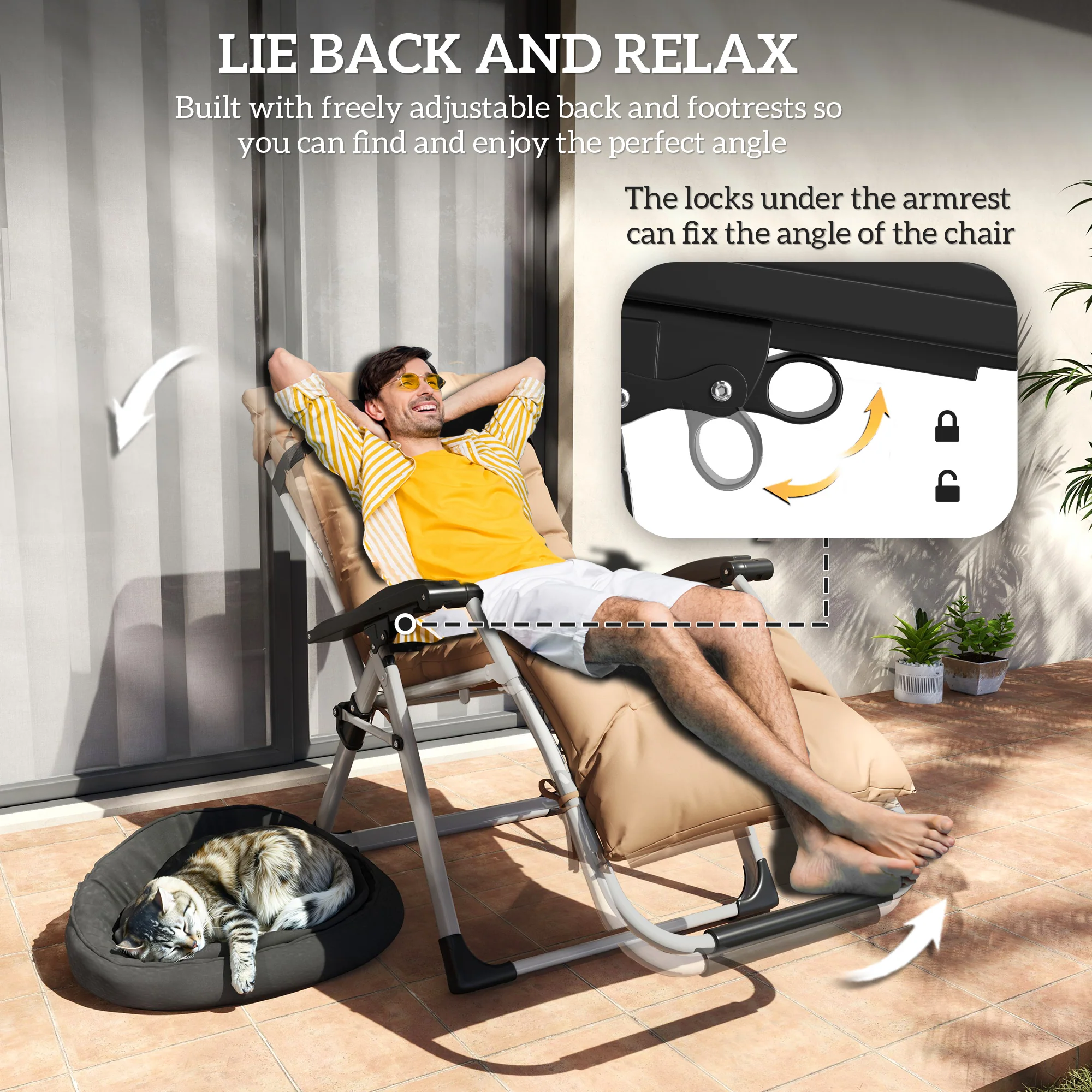 Outsunny 2 PCS Reclining Zero Gravity Chair Folding Lounger Cushion Khaki - Image 3