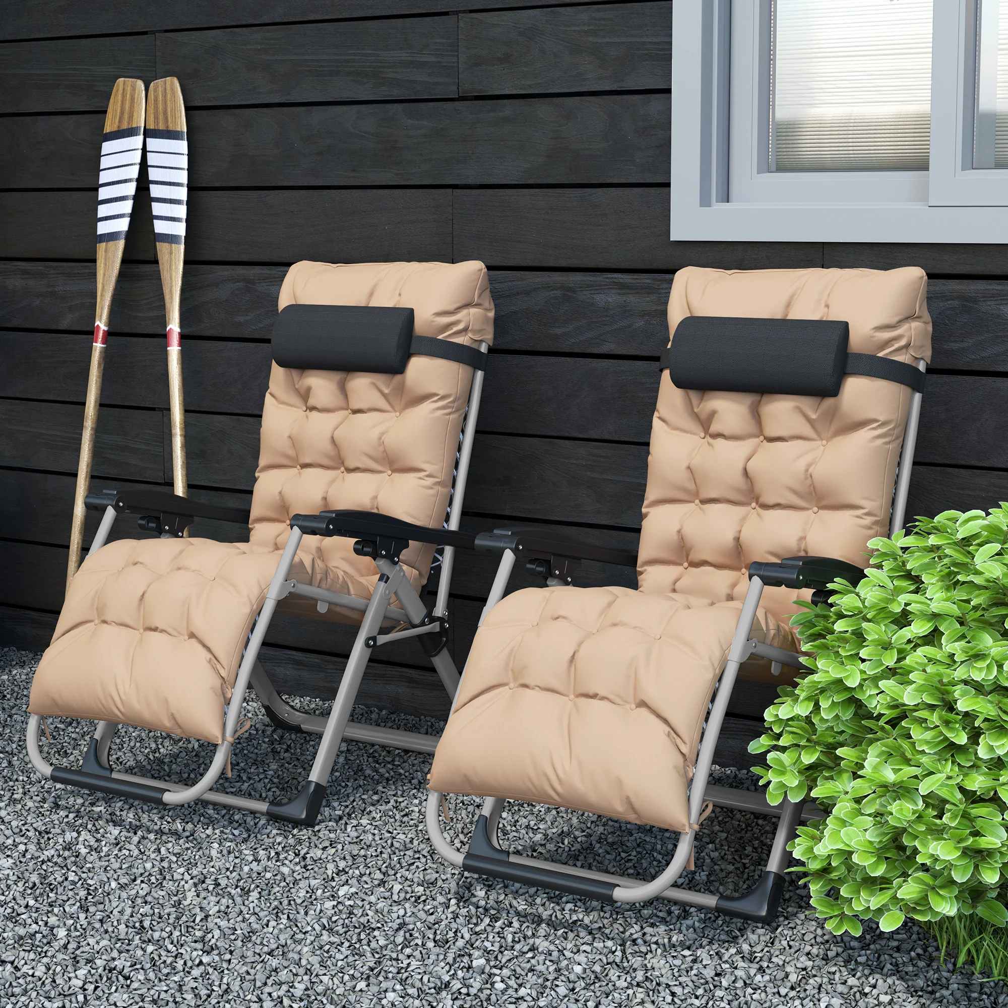 Outsunny 2 PCS Reclining Zero Gravity Chair Folding Lounger Cushion Khaki - Image 8