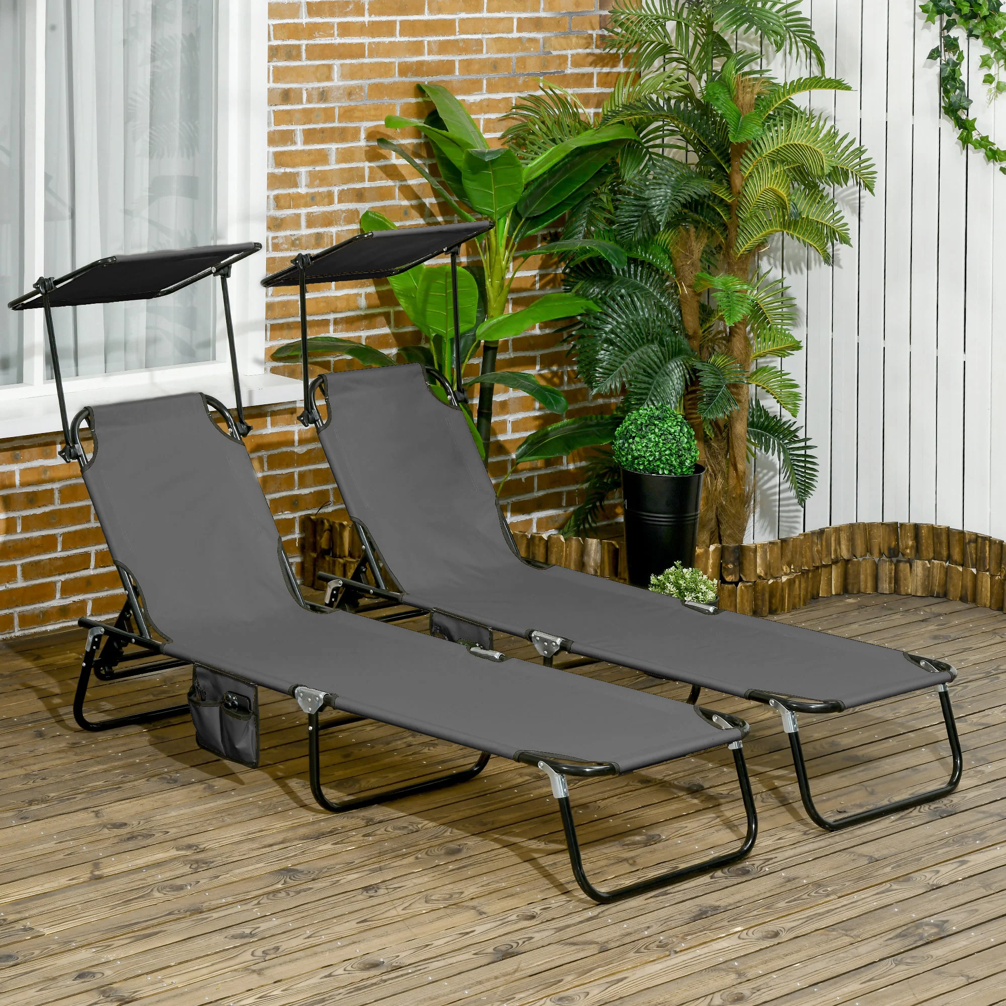 Outsunny 2 Piece Folding Sun Loungers with Adjustable Backrest, Tan Brown - Image 11