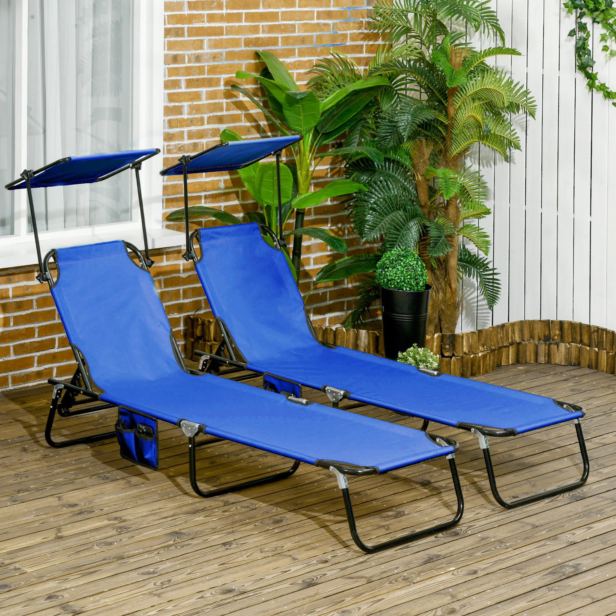 Outsunny 2 Piece Folding Sun Loungers with Adjustable Backrest, Tan Brown - Image 2