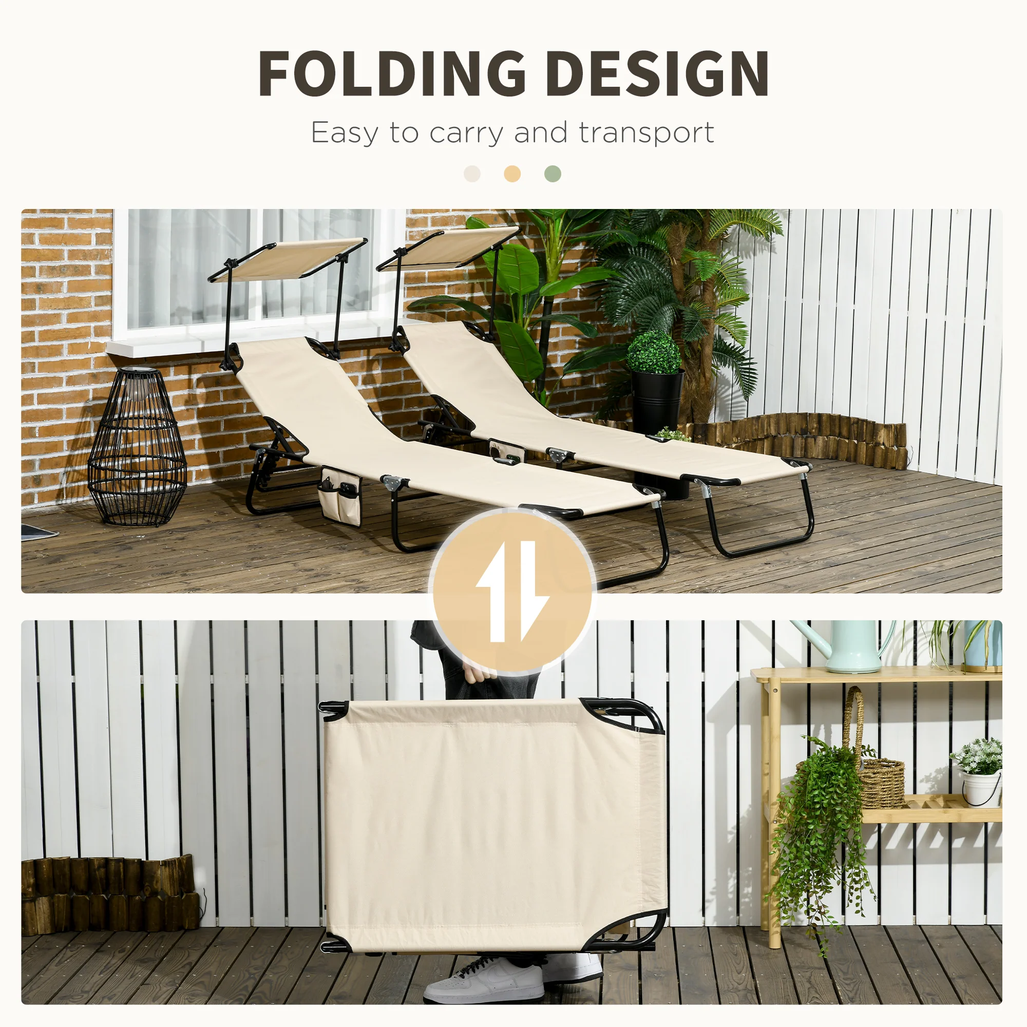 Outsunny 2 Piece Folding Sun Loungers with Adjustable Backrest, Tan Brown - Image 33